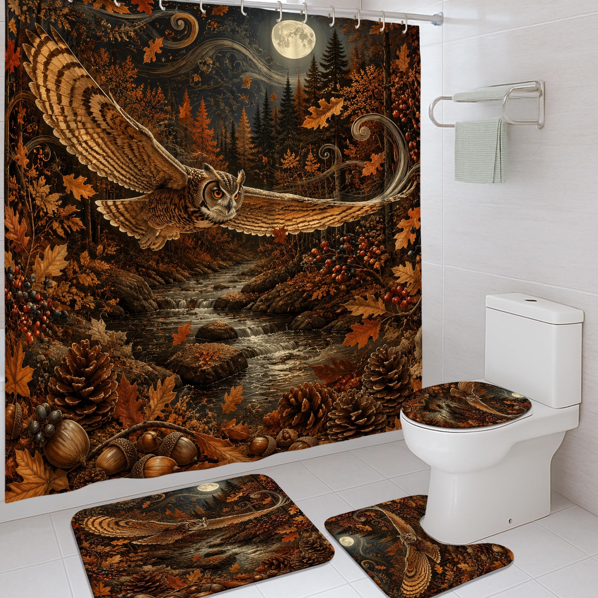 Rideau de douche en tissu motif chouette feuilles d'automne 183 x 183 cm pour grande baignoire