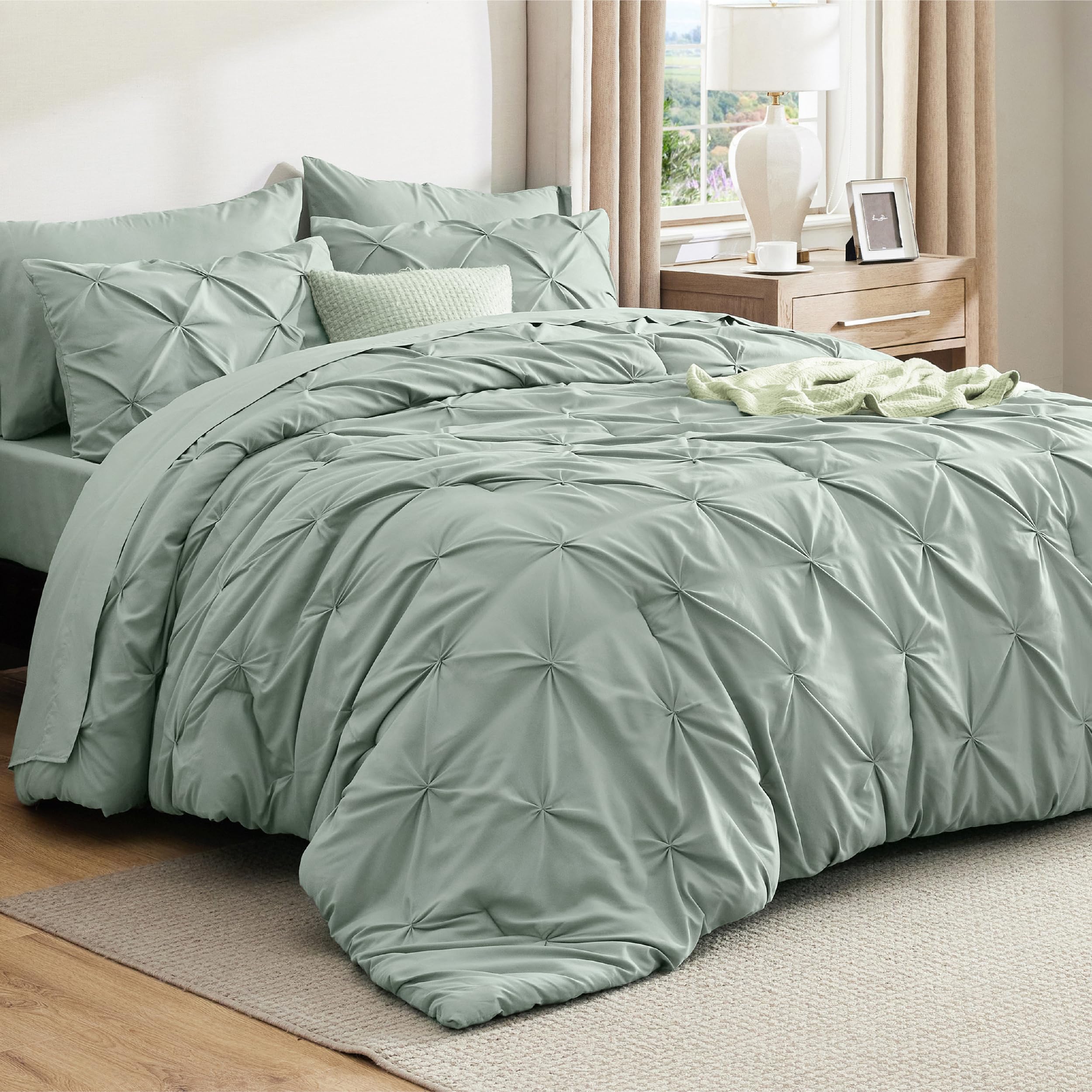 Bedsure 7pc Oversized King Comforter &amp; Sheet Set, Sage Green Bed in a Bag