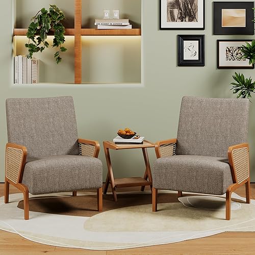 Miniatura 28 de Alunaune Juego de 2 sillas decorativas marrones tapizadas para sala de estar, sillón de ratán natural, moderna de piel sintética, silla de club,
