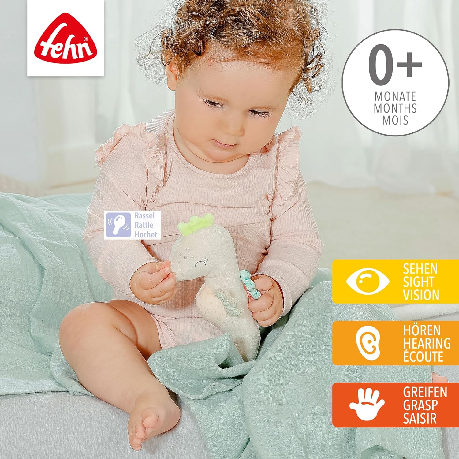 Fehn 054316 - Seahorse and Muslin Cloths Cute Potholder with Rattle and Cotton Muslin Cloths for Babies and Toddlers from 0 Months, Size: 17 cm, 60 x 60 cm