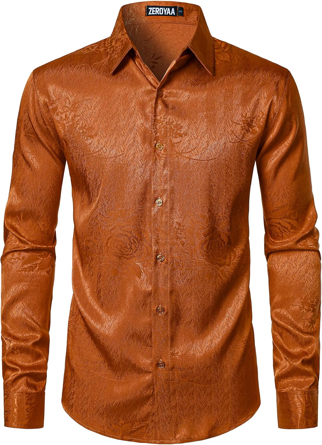 ZEROYAA Men's Satin Rose Floral Jacquard Dress Shirt Long Sleeve Button Up Shirts for Party Wedding