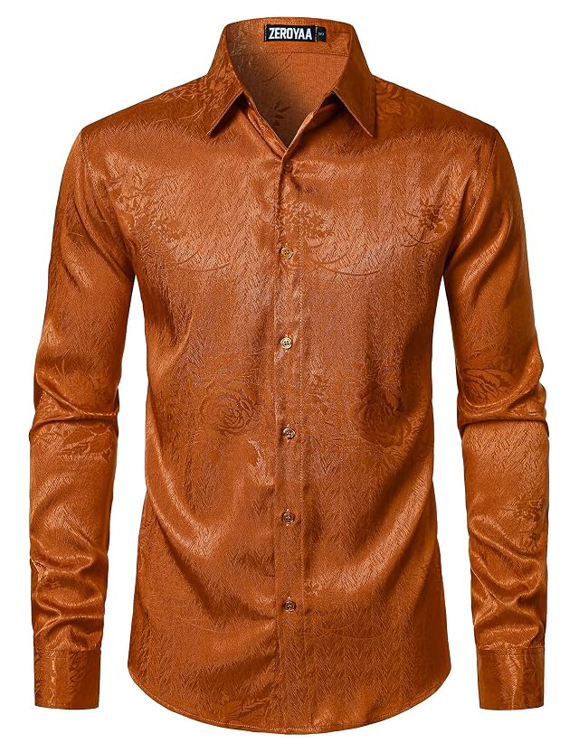 ZEROYAA Mens Satin Rose Floral Jacquard Dress Shirt Long Sleeve Button Up Shirts for Party Wedding