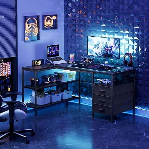 Miniatura 2 de MUTUN Escritorio para computadora en forma de L con 3 cajones y tomas de corriente, escritorio esquinero de 47 pulgadas con estantes de