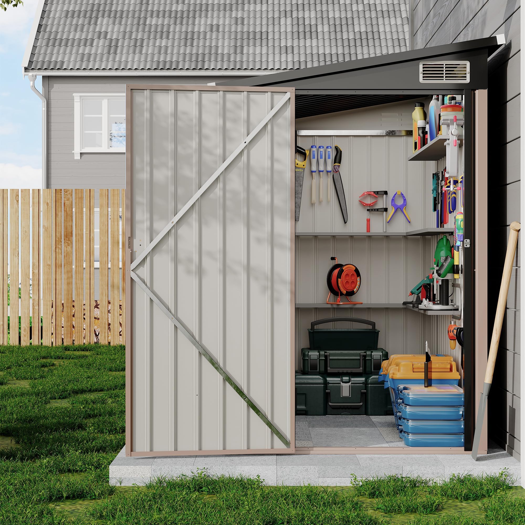 Garvee Abri De Jardin Métallique 1.2x2.4m, Remise Extérieure Adossée | Rangement Polyvalent pour Outils, Robuste Et Étanche, Poubelles Et Vélos, Idéal pour Terrasse Et Jardin