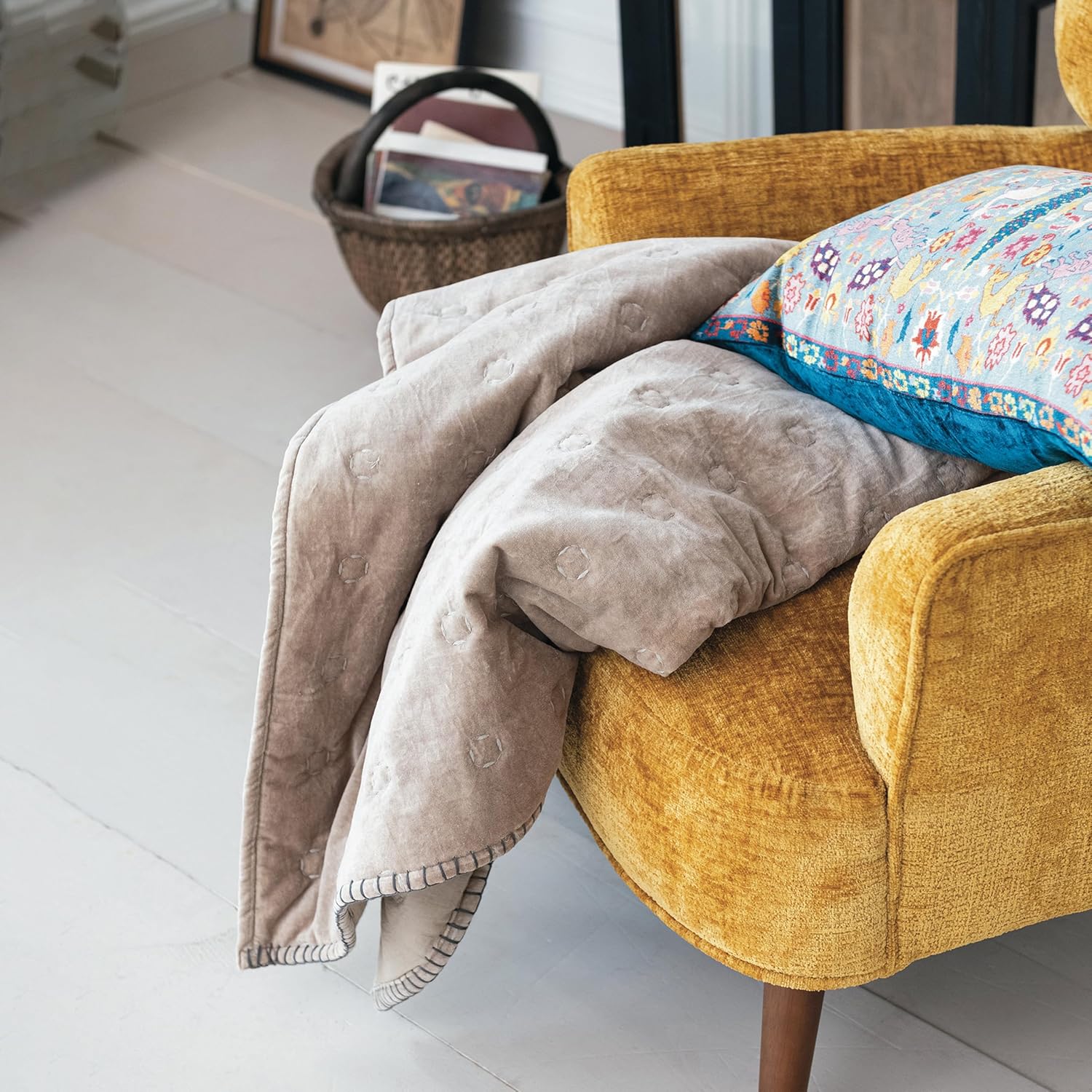 Creative Co-Op Cotton Velvet Quilted Throw, Taupe - Image 4