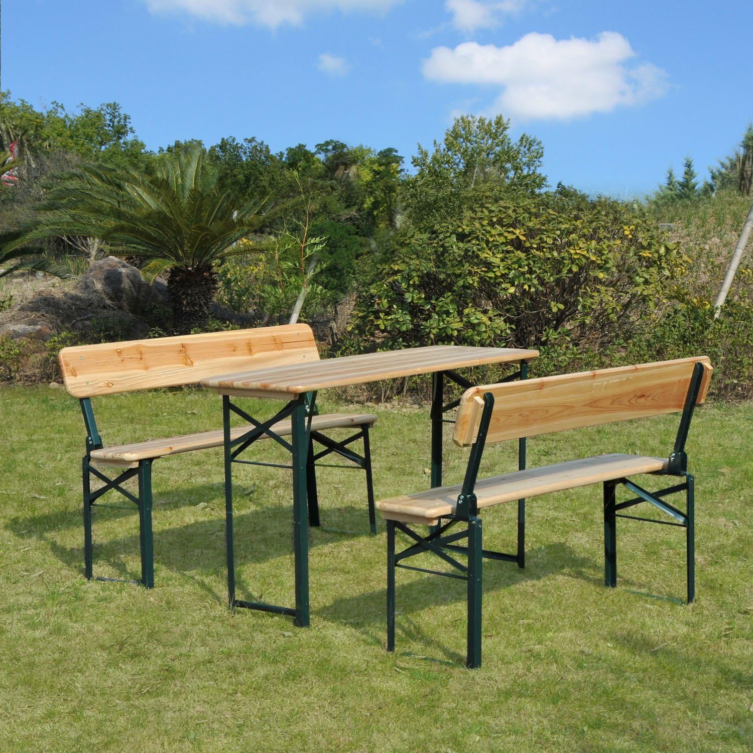 Picnic Table Bench Set Folding Wooden Top Backrest Seat Patio Garden - (3PC.)