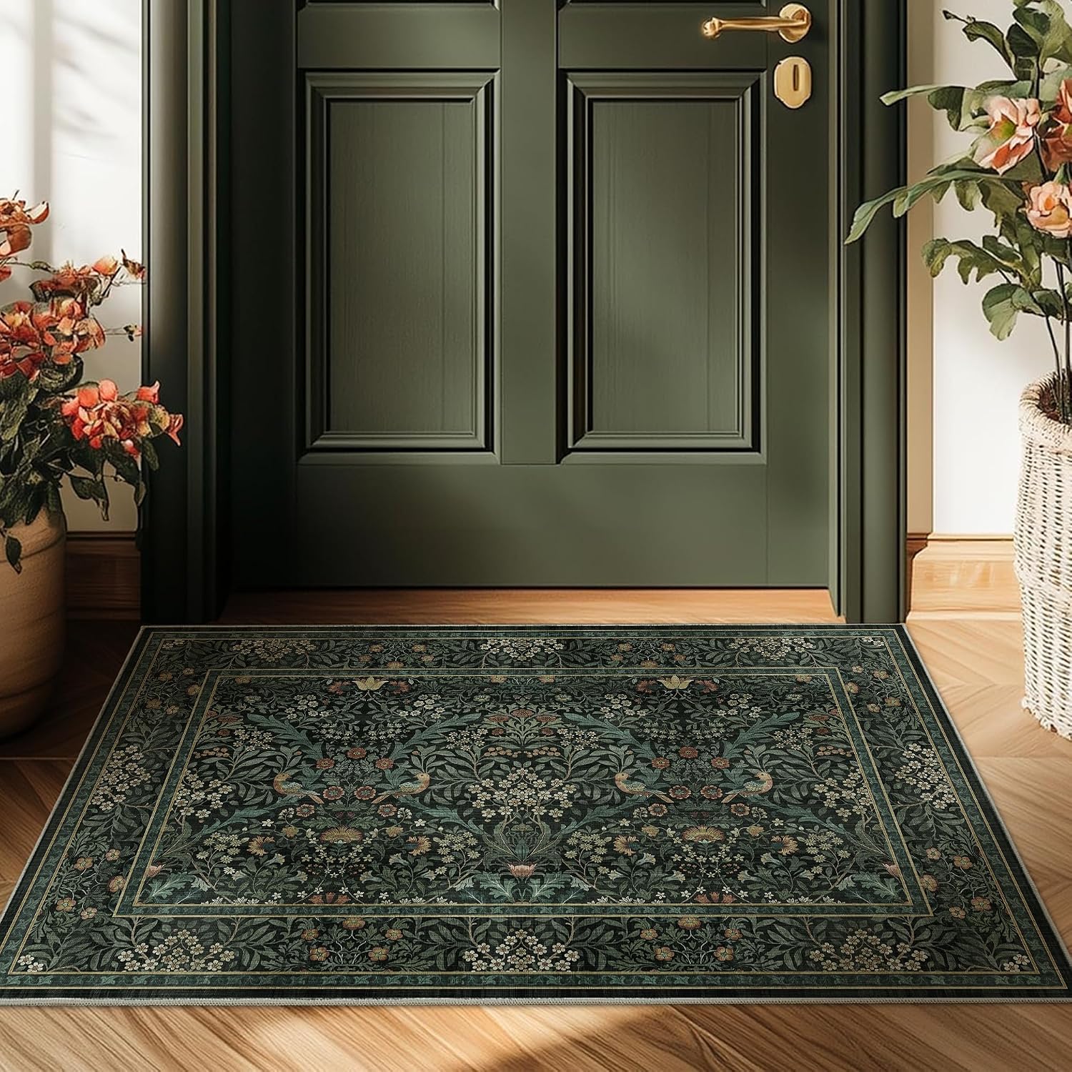 2x3 Floral Washable Area Rug for Living Room, Vintage Boho Rug for Bedroom Dining Room， Distressed Botanical Birds Non Slip Low Pile Forest Animal Throw Carpet for Farmhouse Office, Dark Green