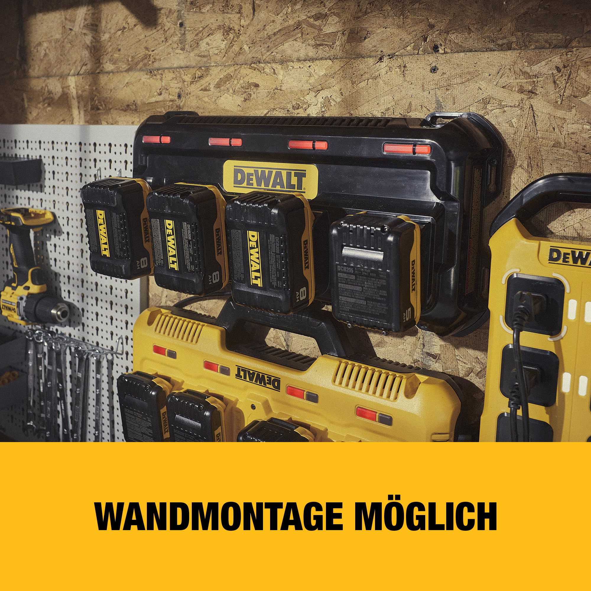 DEWALT XR Quadport-Ladegerät 4A, DCB1404-QW | Quadport-Ladegerät 4A für 4 Akkus 18V XR und 54V FlexVolt mit Lade-LED, Wärmeschutz, Kabelaufwicklung und Wandmontage.