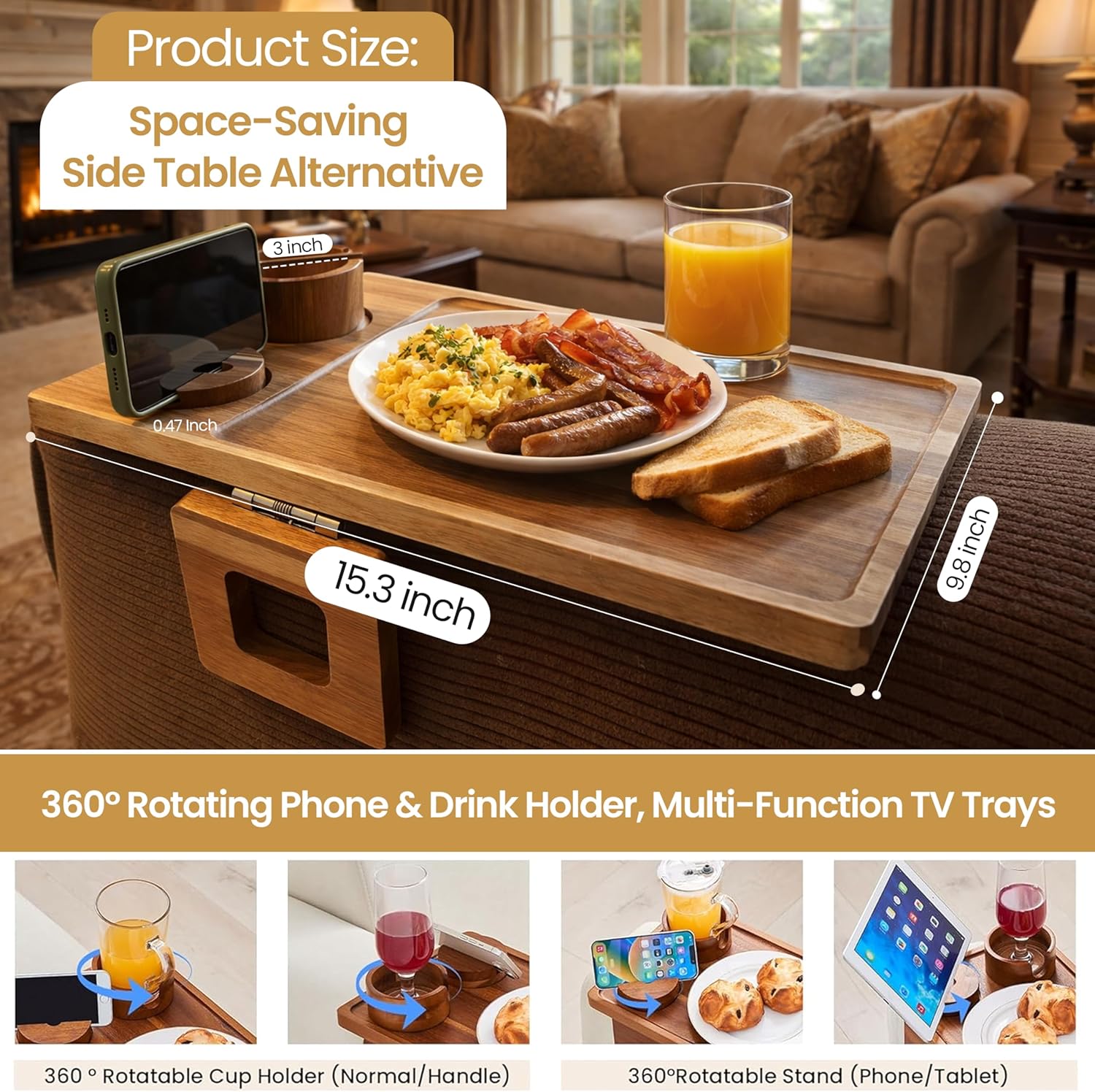 Acacia Wood Sofa Armrest Tray Table with Cup Holder & Phone Stand – 3-in-1 Clip-On Couch Arm Tray Table, Rotating Drink & Phone Holder for Couch, Sofa & Living Room
