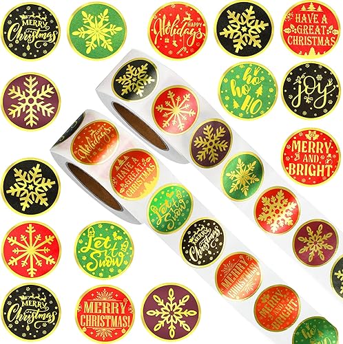 Outus 1000 calcomanías de Feliz Navidad, copos de nieve dorados, calcomanías redondas de colores, calcomanías de etiquetas de Navidad, sellos de