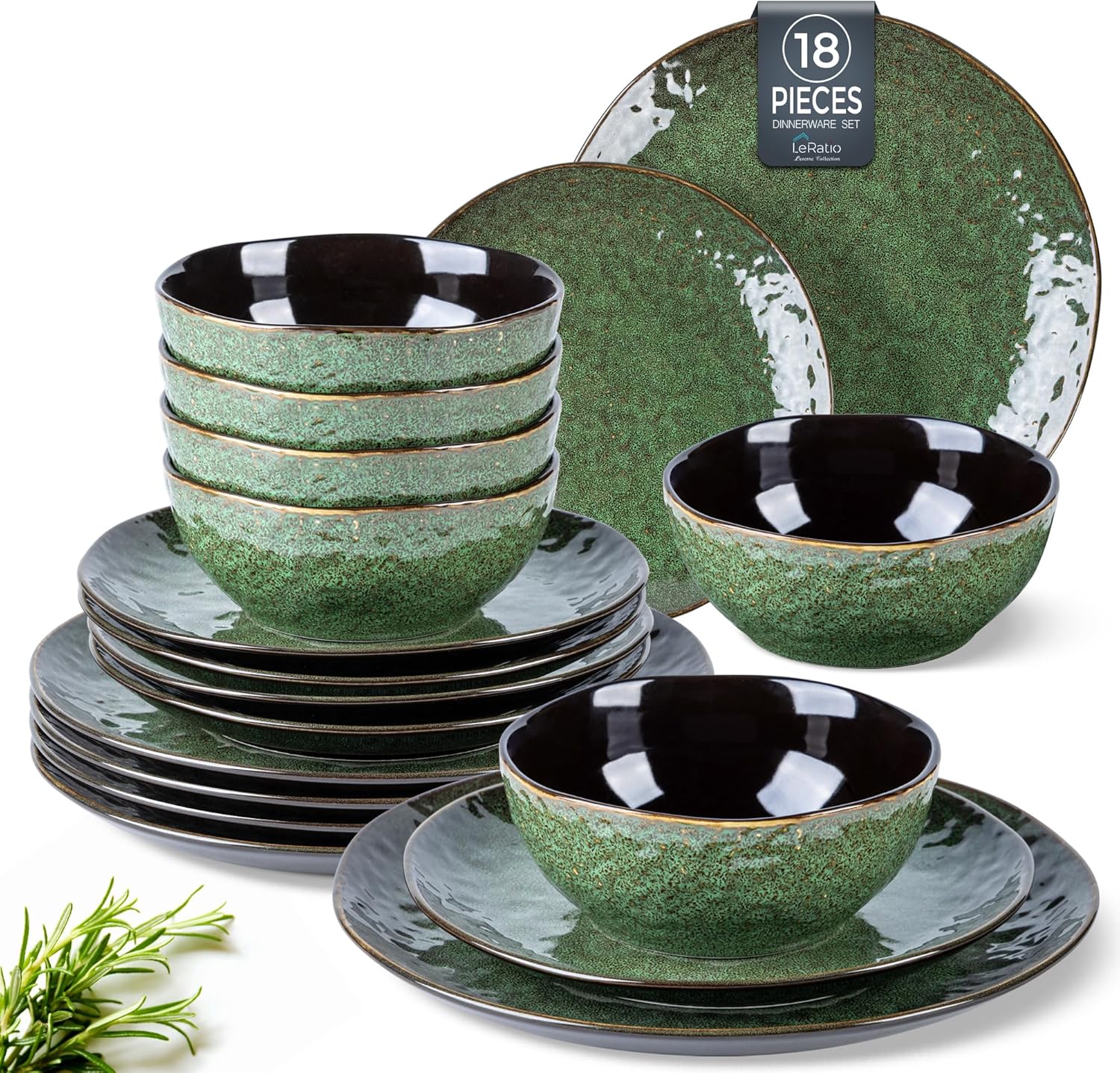 leratio ceramic dinnerware sets for 6, plates and bowls sets with wavy edge,highly chip and crack resistant | dishwasher & microwave & oven safe dishes set,green- service for 6?18pcs? service for 6 (18 pcs) modern-green