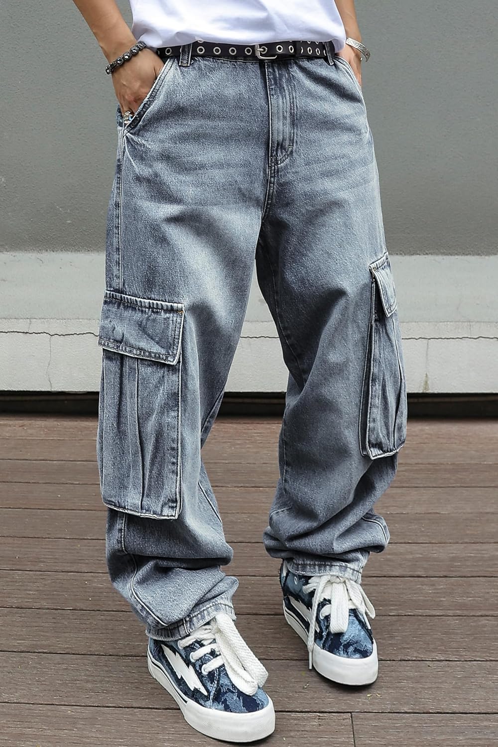MZNBURAM Men's Y2K Hip Hop Baggy Cargo Jeans Loose Fit Wide Leg Denim Pants Casual Streetwear Trousers