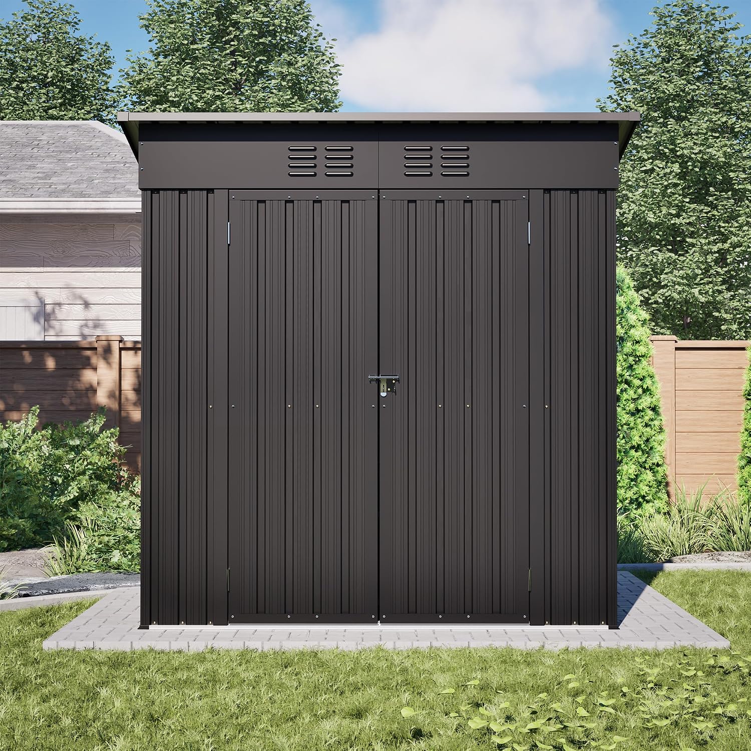 GDFStudio 6 x 4 ft Outdoor Storage Shed, Galvanized Steel Garden Tool Shed, Metal Storage Cabinet with Hinged Double Doors, Tall Utility Shed with Vents for Backyard Patio Lawn Garden, Black