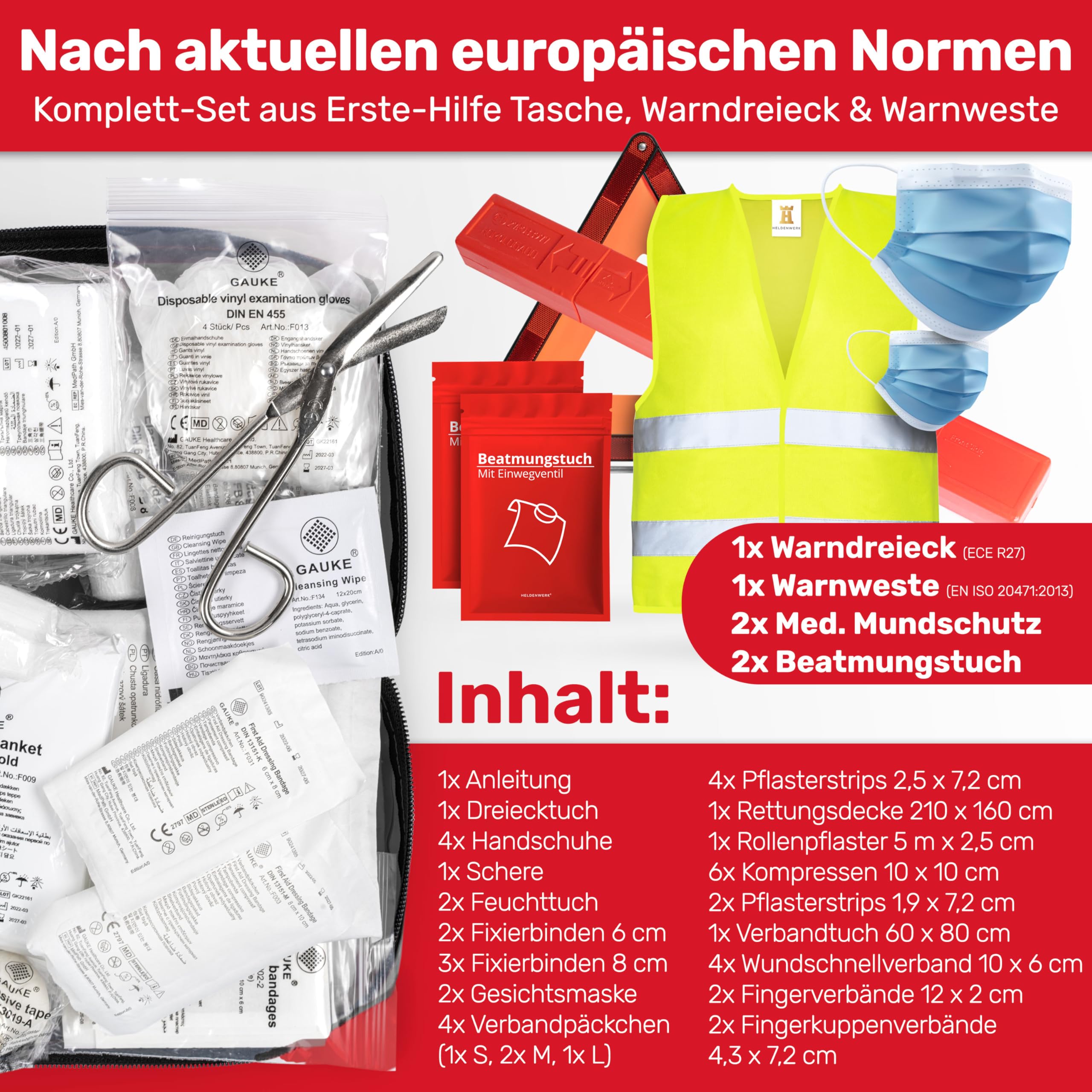 Sac combiné pour voiture (3 en 1) selon la norme actuelle 2026 – Avec triangle de signalisation, gilet de signalisation, boîte de premiers secours, triangle de signalisation, boîte de premiers secours