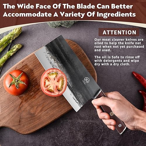 Vista 2 de TAN REN Cuchillo de carnicero de 8 pulgadas, cuchillo chino de acero de alto carbono, corte de huesos resistente con mango de madera, cuchillo