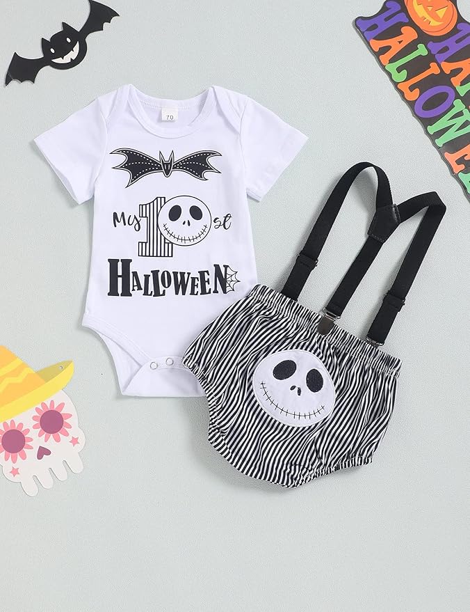 Baby Boy's First Halloween Outfit - Gentleman Suspender Romper With Skull Pants & Hat Set