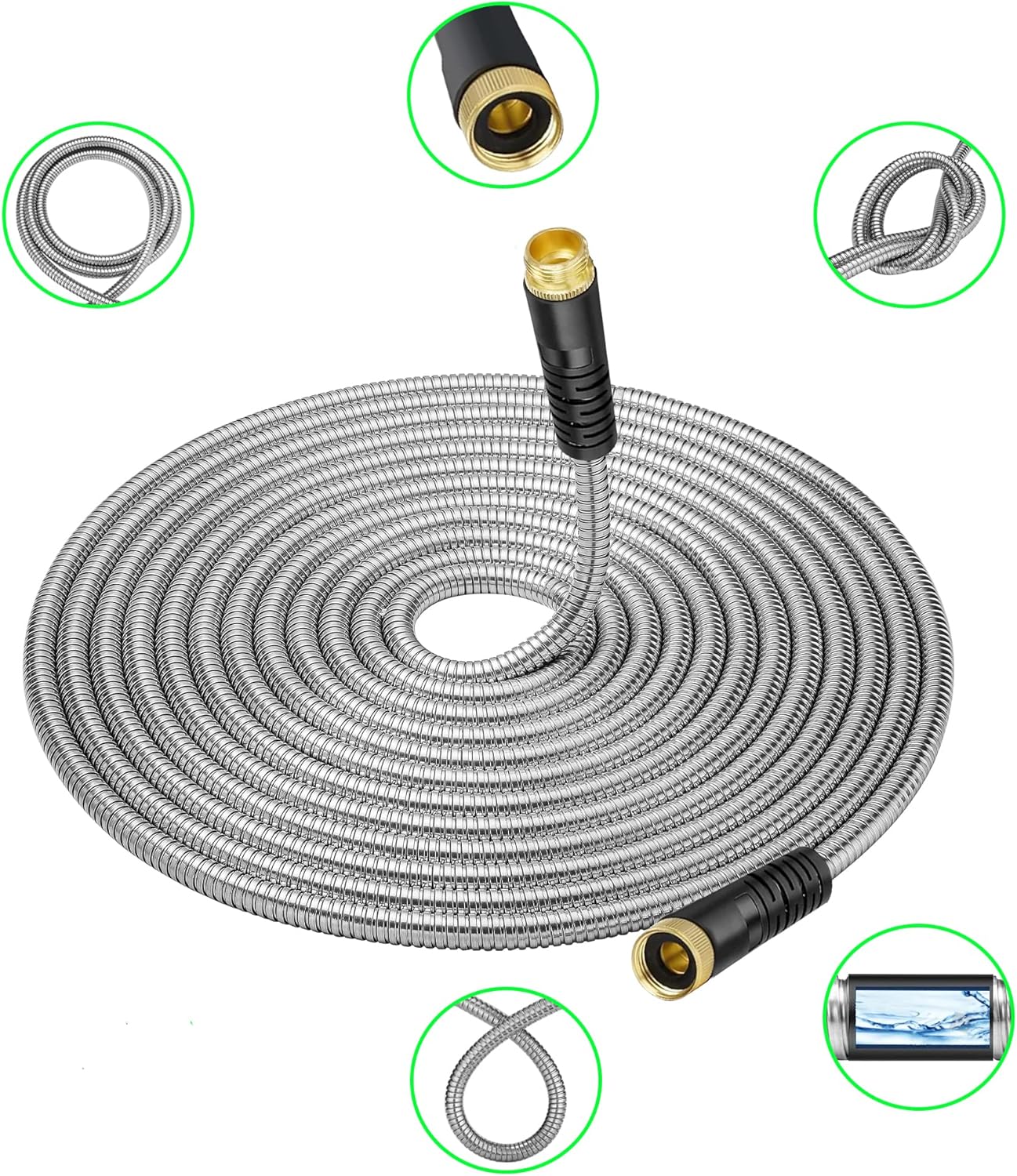 Stainless Steel Garden Hose 25 ft, Flexible Metal Water Hose 25ft with 3/4'' Crush Resistant Solid Brass Fittings, Heavy Duty, No Kink, Lightweight, Durable