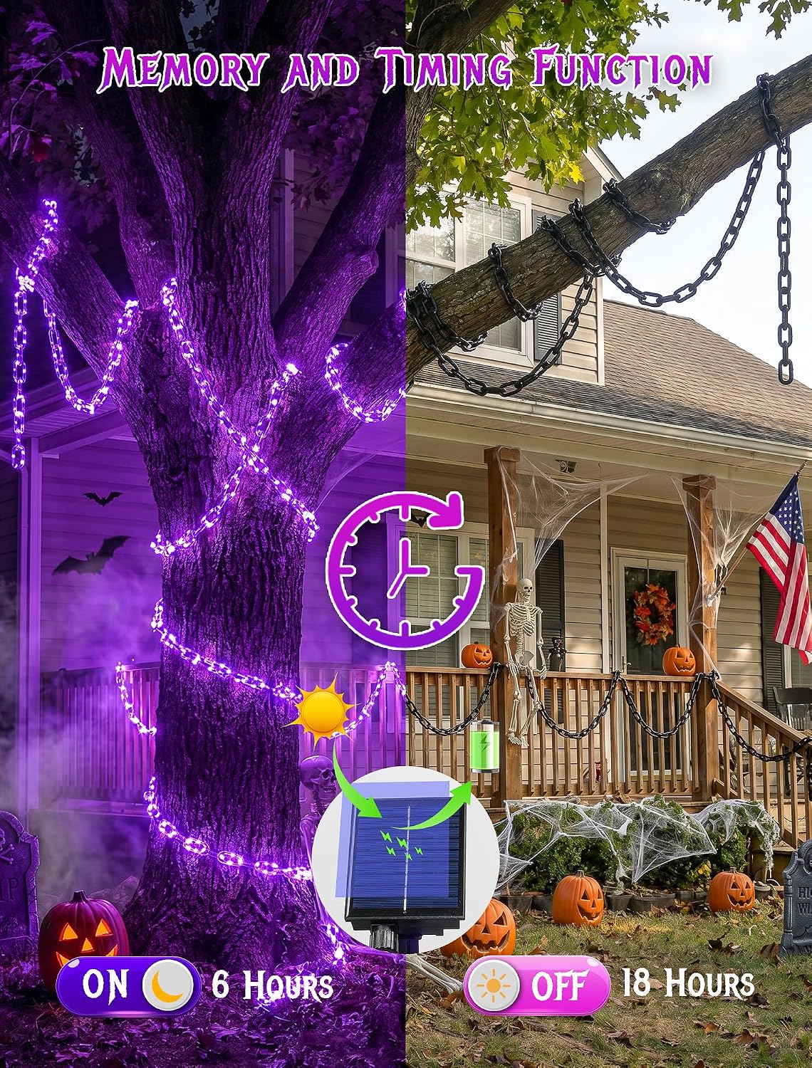 Solar Halloween Decorations Chain Lights,10.5 FT 175LED Plastic Chain | String Lights with Remote, Purple Halloween Lights Outdoor for Yard, Haunted House, Skeleton Dog, Spooky Props, Party