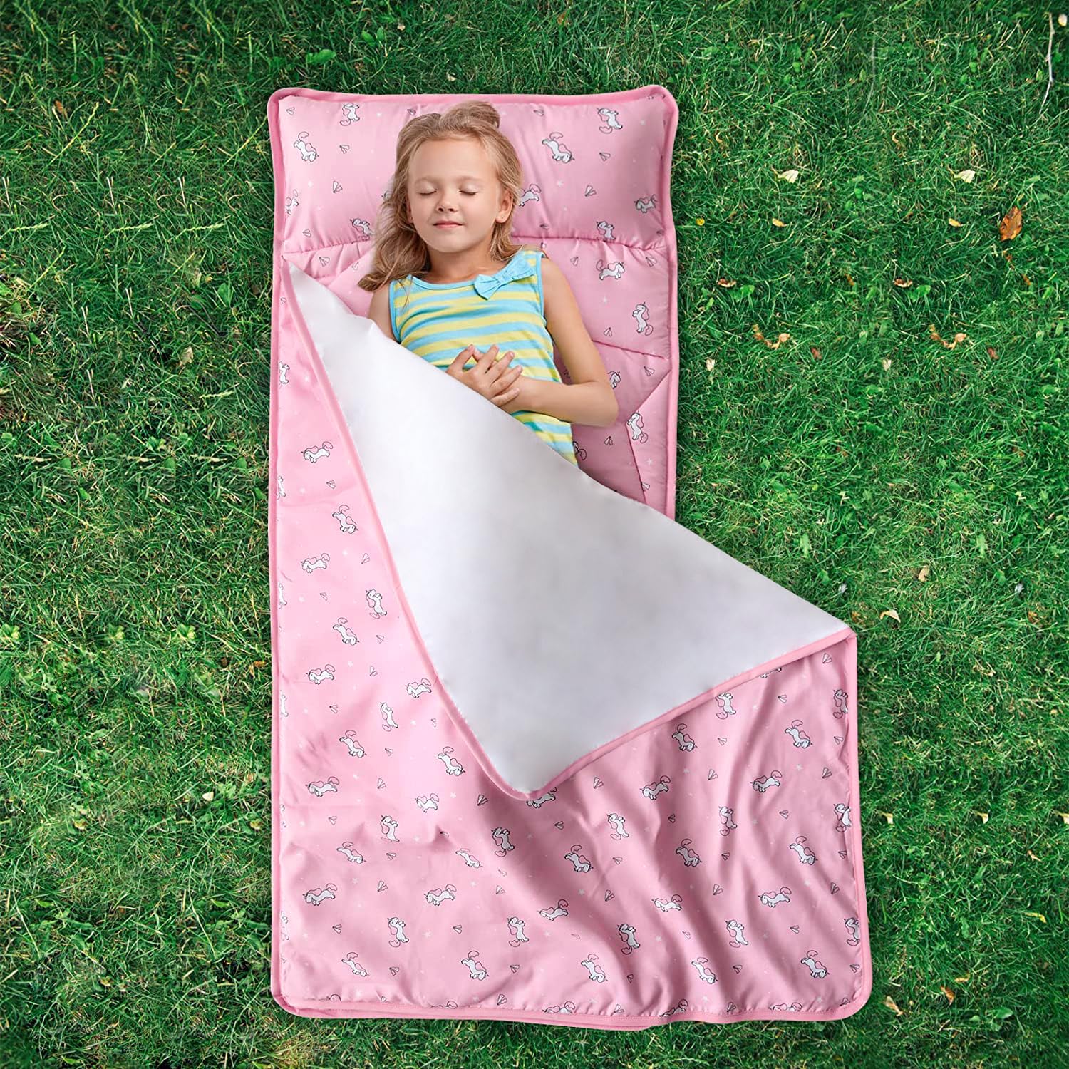 Toddler Nap Mat with Blanket 50" x 21" x 1.5", Nap Mat for Boys Girls Super Soft and Cozy, Kids Sleeping Bag for Preschool, Daycare, Toddler Sleeping Bag, Pink Horse