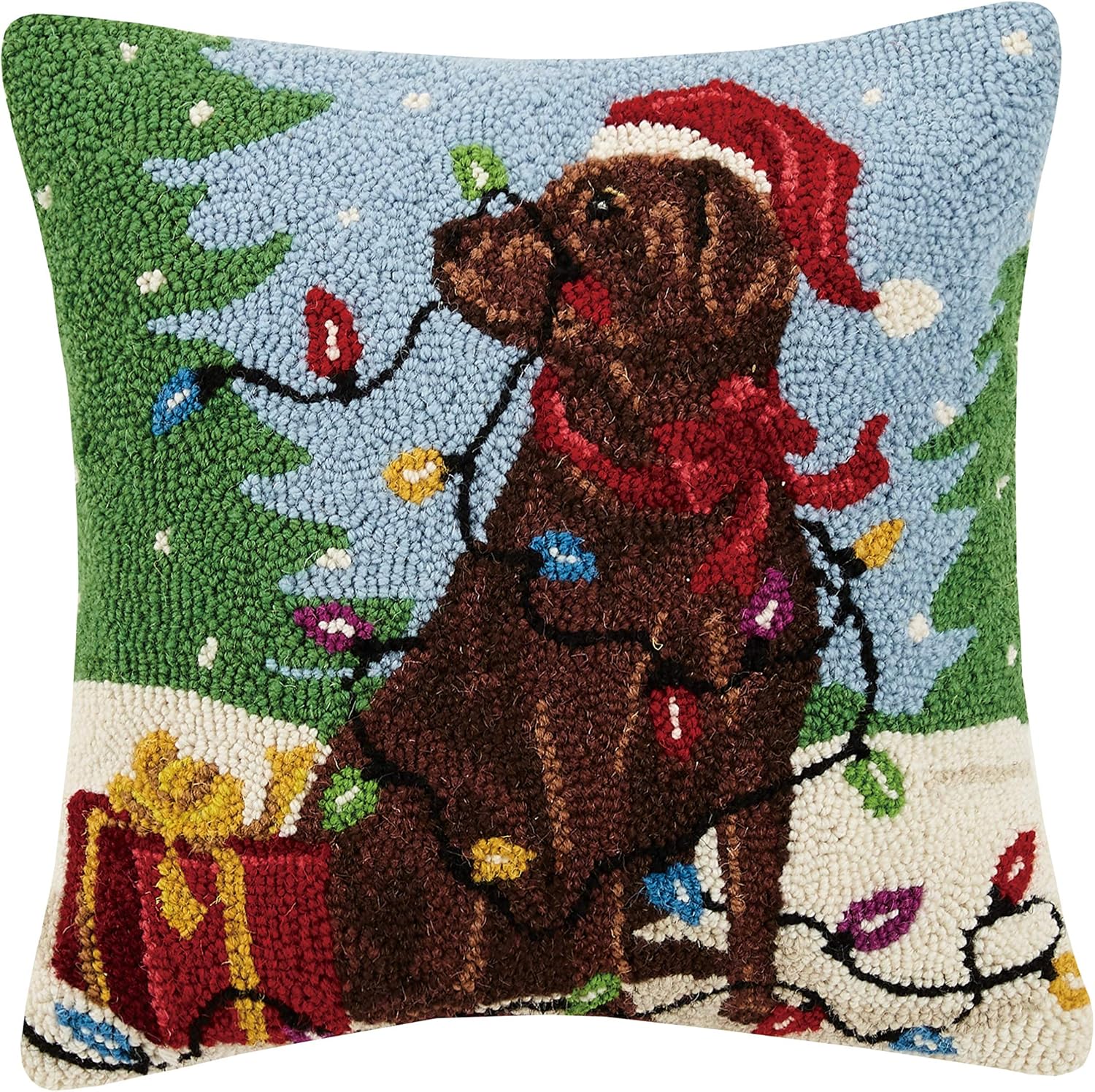 Peking Handicraft 31SJM10073C16SQ Chocolate Labrador with Lights Holiday Hook Pillow, 16-inch Square, Wool and Cotton