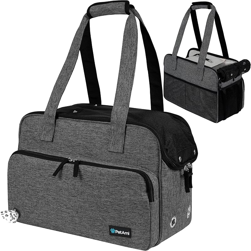 Bolso para perro pequeño, bolsa de transporte para mascotas de lados suaves con bolsillos, bolso de viaje portátil para cachorros y gatos, malla transpirable aprobada por aerolíneas, dispensador de bolsas para excrementos, cama Sherpa, máximo 18 libras, gris oscuro
