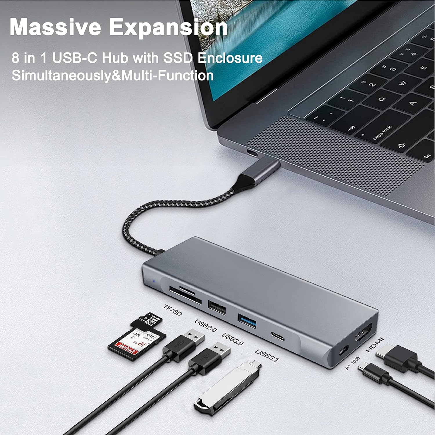 GKI 8-in-1 USB C Hub with M.2 NVMe/SATA SSD Enclosure, 4K HDMI Adapter, 100W PD, USB C 3.1, USB 3.0 & 2.0 Ports, SD/TF Card Reader, Compatible with USB-C Laptop & Tablet