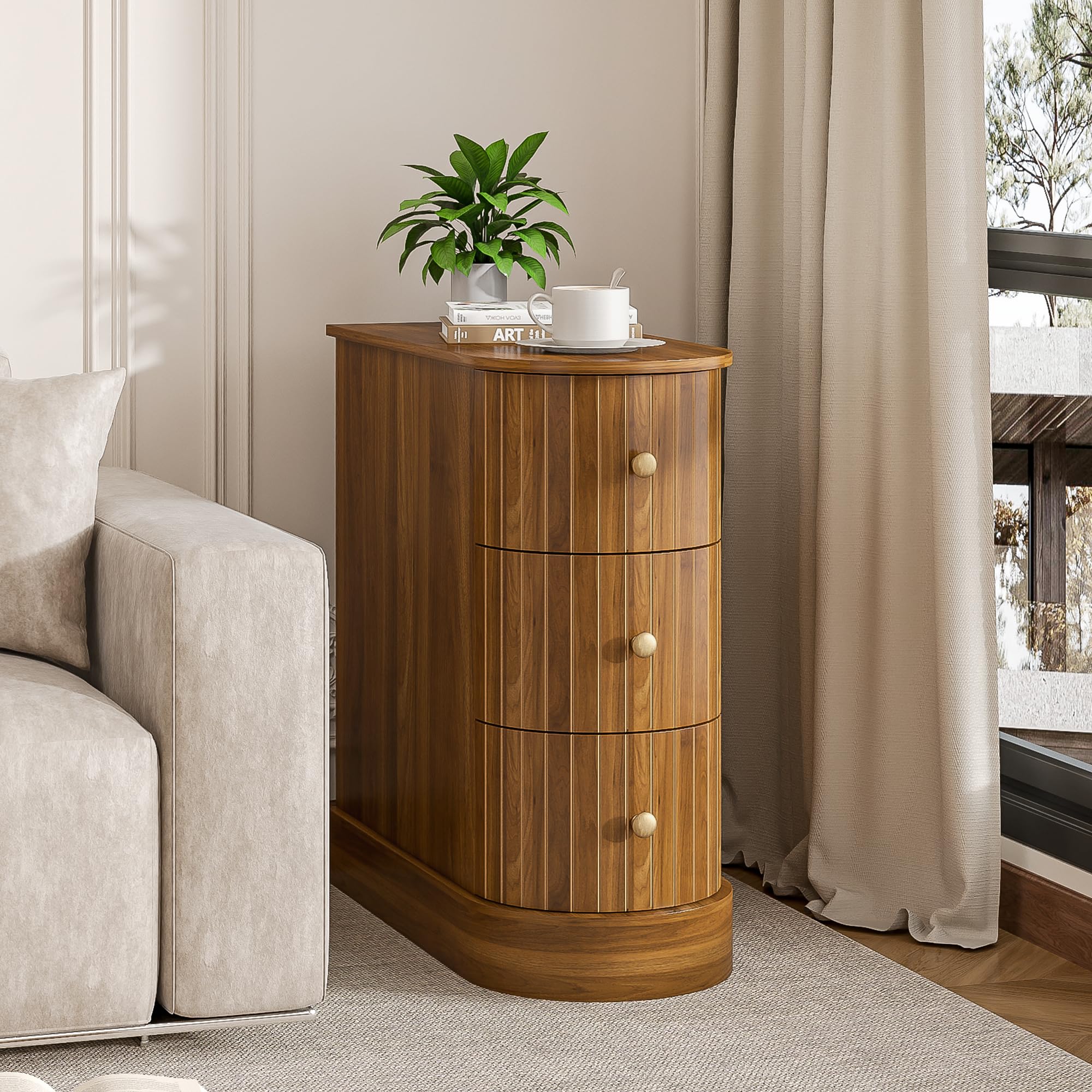 Mxtxmy End Table with 3 Drawers, Narrow Sofa Side Tables for Living Room, Slim Nightstand with Retro Metal Handle, Wooden Bedside Table Side Table for