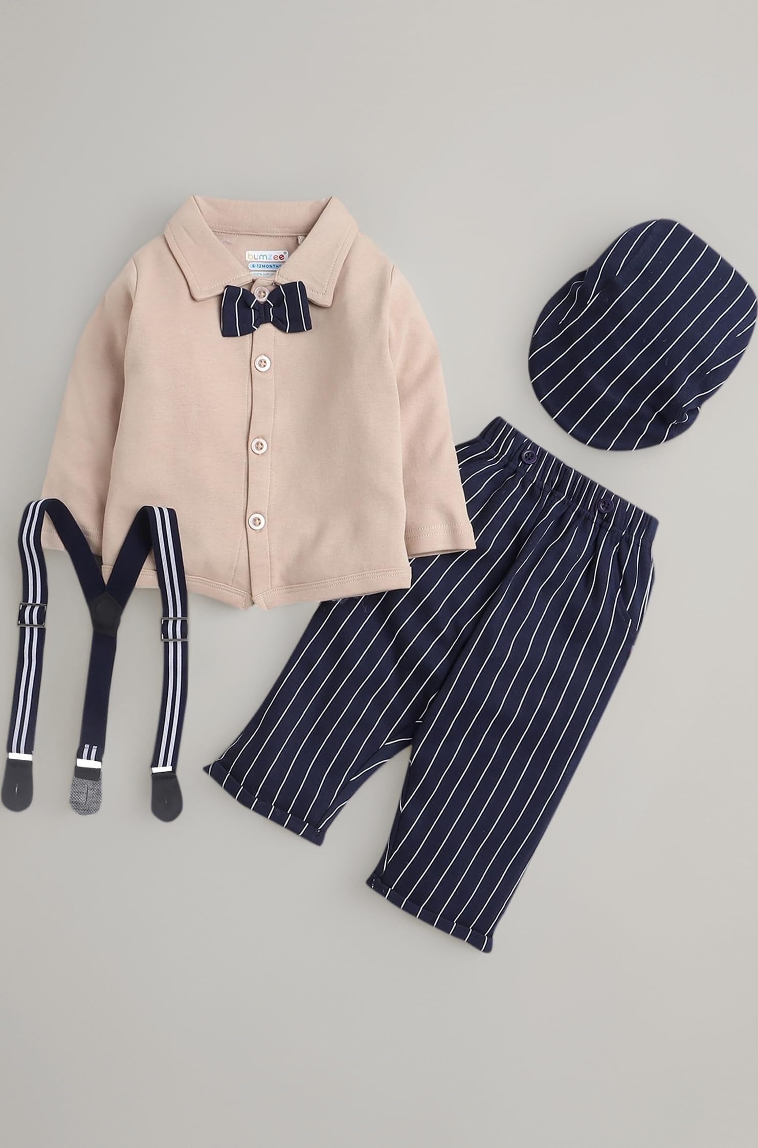BUMZEE boys Regular Fit Full Sleeves Collar Neck Cotton Shirt Pant Set With Suspender & Cap