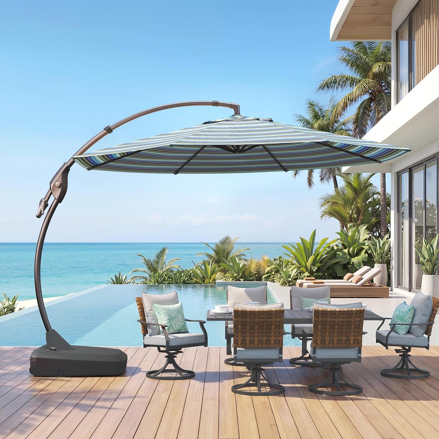 Grand patio 11 FT Cantilever Umbrella with Base Outdoor Large Round Aluminum Offset Umbrella for Pool Garden Backyard (Stripes, 11 FT)