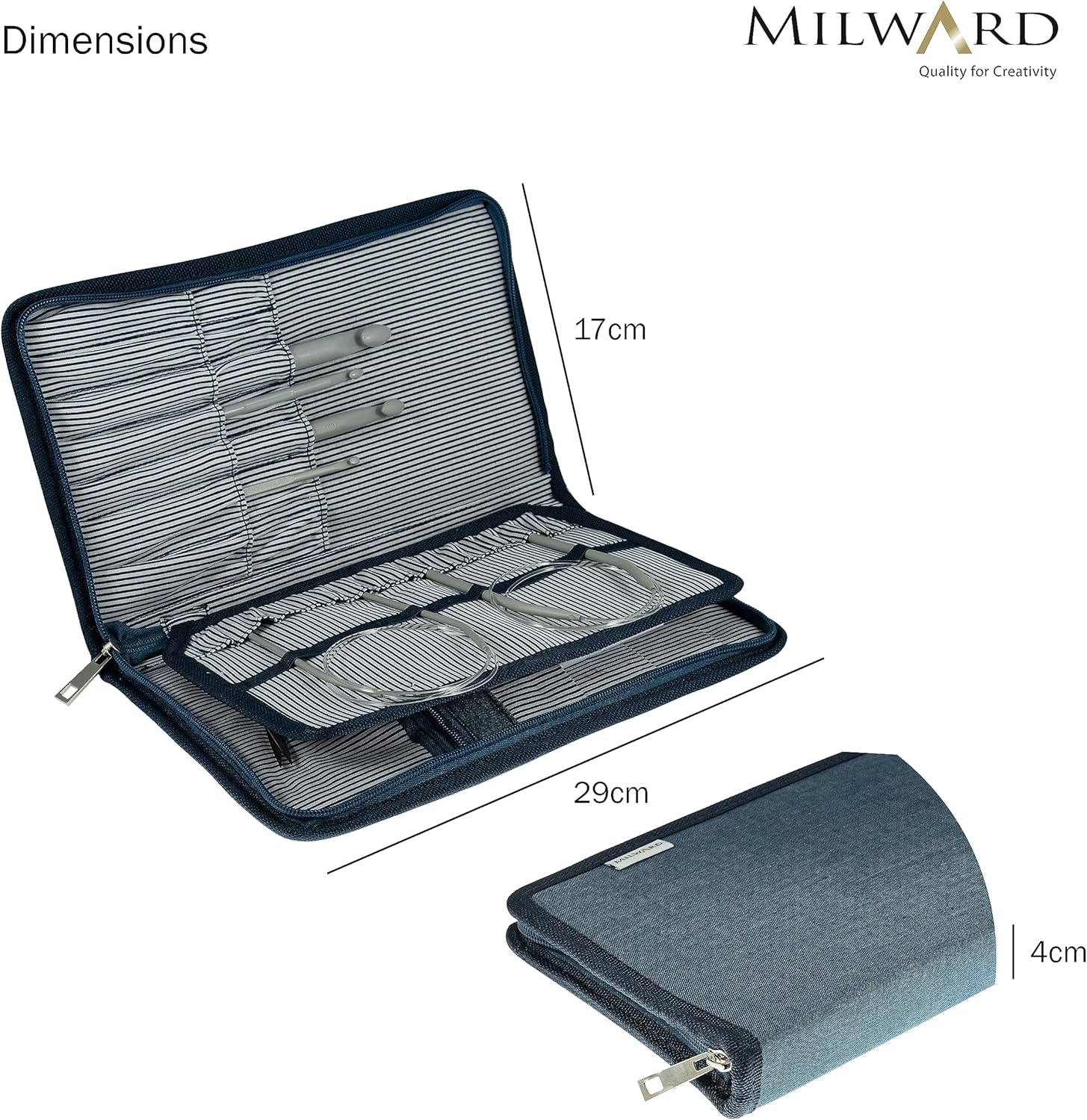 Milward Interchangeable Needle Case Only - Pockets for Pins Crochet Hooks Accessories - 100% Cotton Hard Zippered Case Only - Denim, Blue