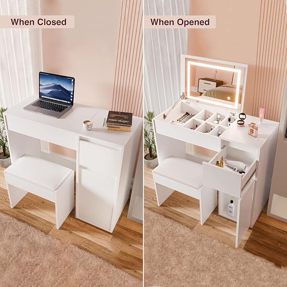 Blisswood Dressing Table with Flip-Up Mirror and Led lights, Vanity Makeup Desk with Stool and Hidden Storage, Convertible Writing or Office Table, Make up Bedroom Dresser for Girls Room, White