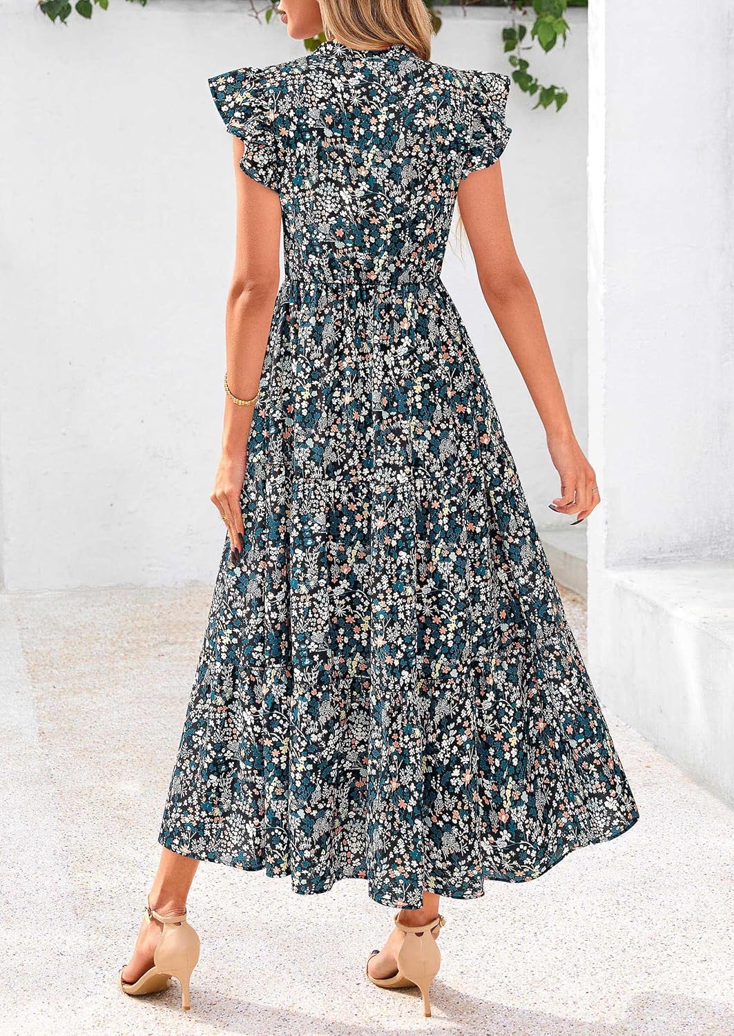 PRETTYGARDEN Women's 2026 Summer Floral Midi Dress Cap Sleeve V Neck Ruffle Long Flowy Boho Casual Beach Vacation Dresses - Image 2