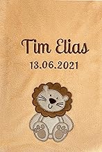 KIDDI-MEDIA Baby Blanket Soft and Cuddly Embroidered with Name and Date of Birth, Quality 1A, Customisable (Apricot - Lion)