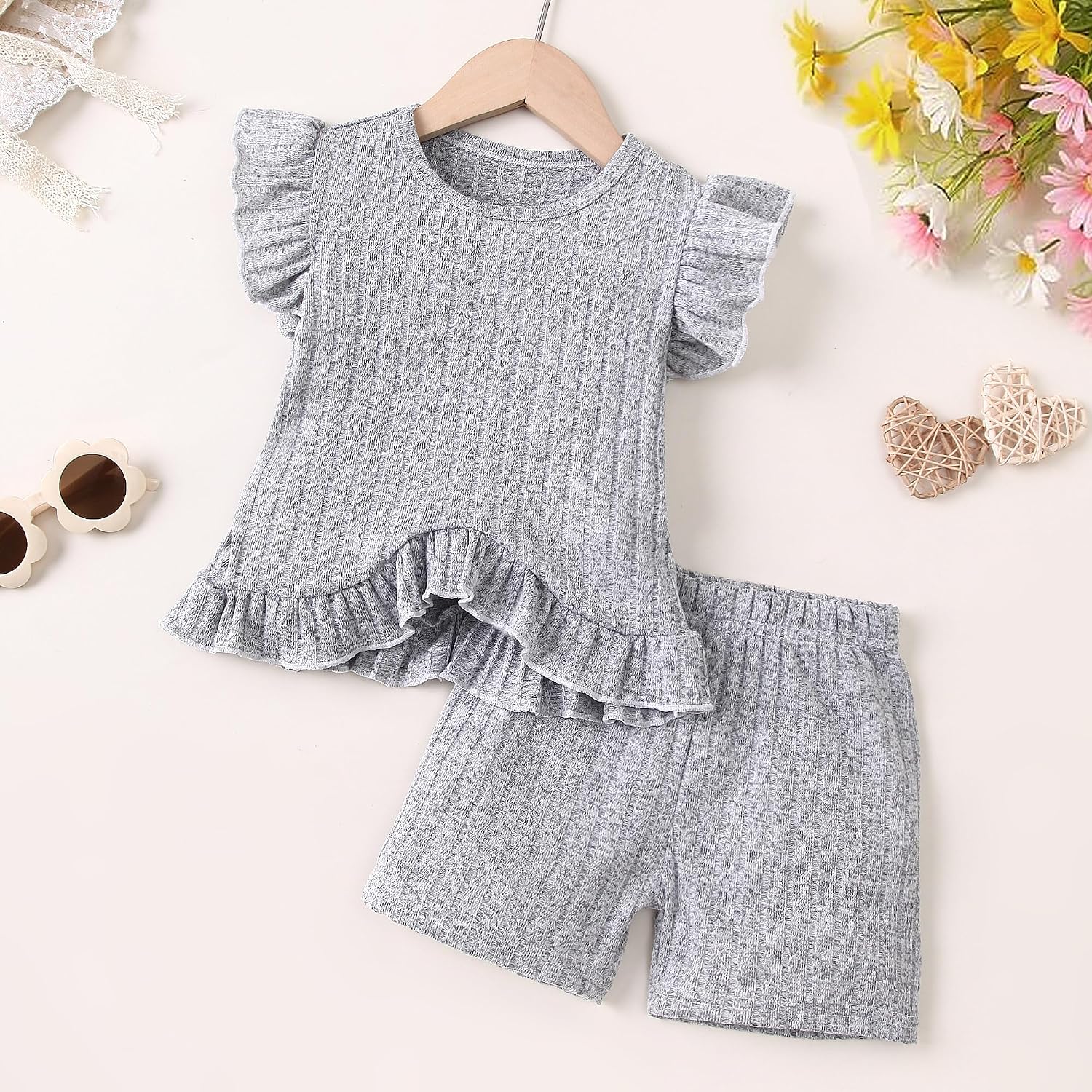 Toddler Girl Clothes Ruffle Ribbed Knit Short Sleeves Tops and Shorts Cute Summer 2 Pieces Short Sets