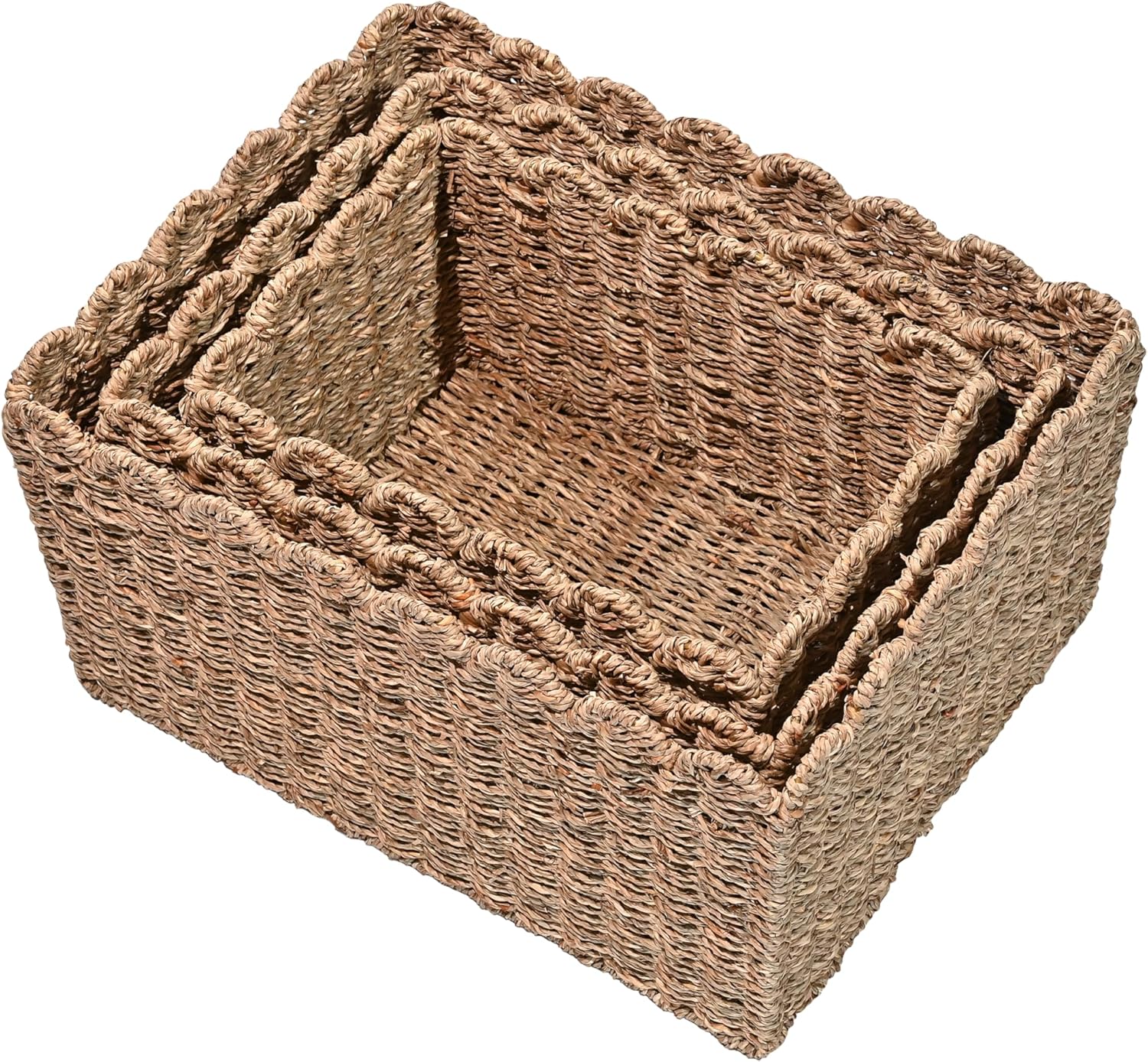 happimess BSK2013A-3SET Arden Coastal Cottage Seagrass Scalloped Rectangular Organizing Wicker Storage Baskets, Natural (Set of 3), Seagrass Containers for Decoration in Living Room, Bedroom