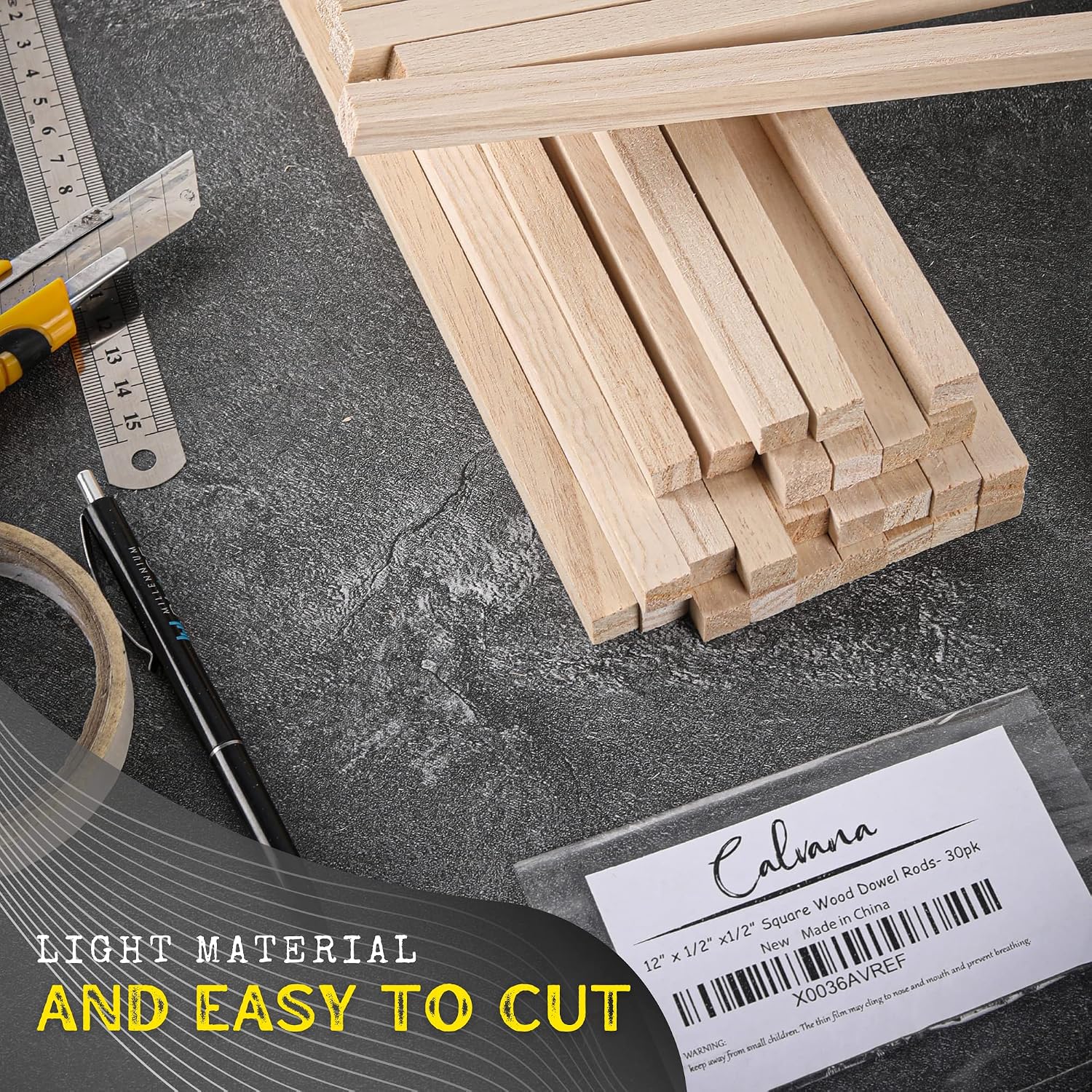 (60-Pack) 12” x 1/2” x 1/2” Square Wood Dowel Rods - Hardwood Square Sticks for DIY Projects - Smooth Paint-Ready Unfinished Dowel Rod Surface - Sturdy Wooden Dowels with Versatile Uses