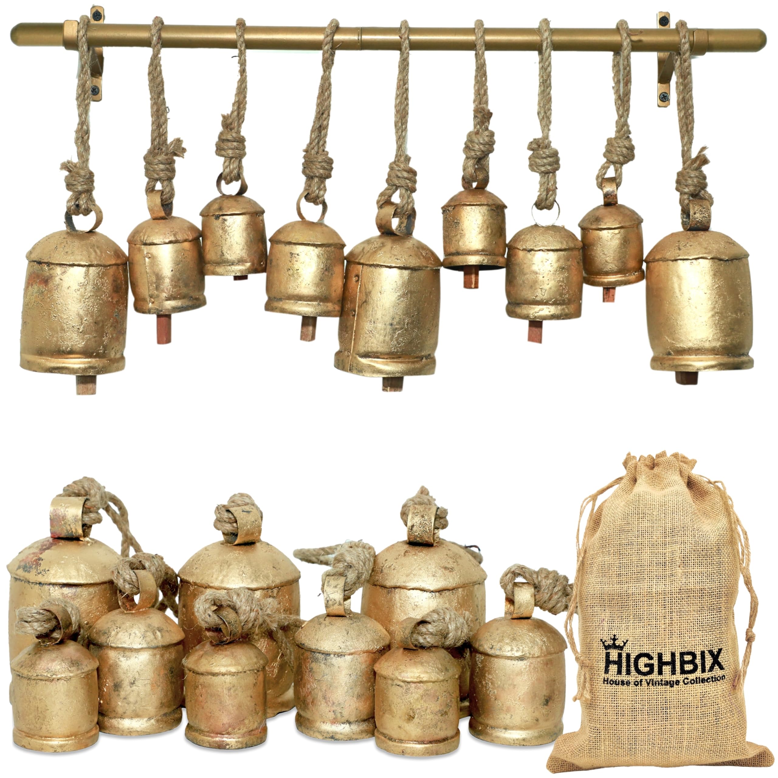 HIGHBIX Rustic Handmade Christmas Jingle Cowbells on Metal Hanging Rod Complete Set Vintage-Style Farmhouse Holiday Decor Perfect for Decorations, Wall Accents, and Gifts