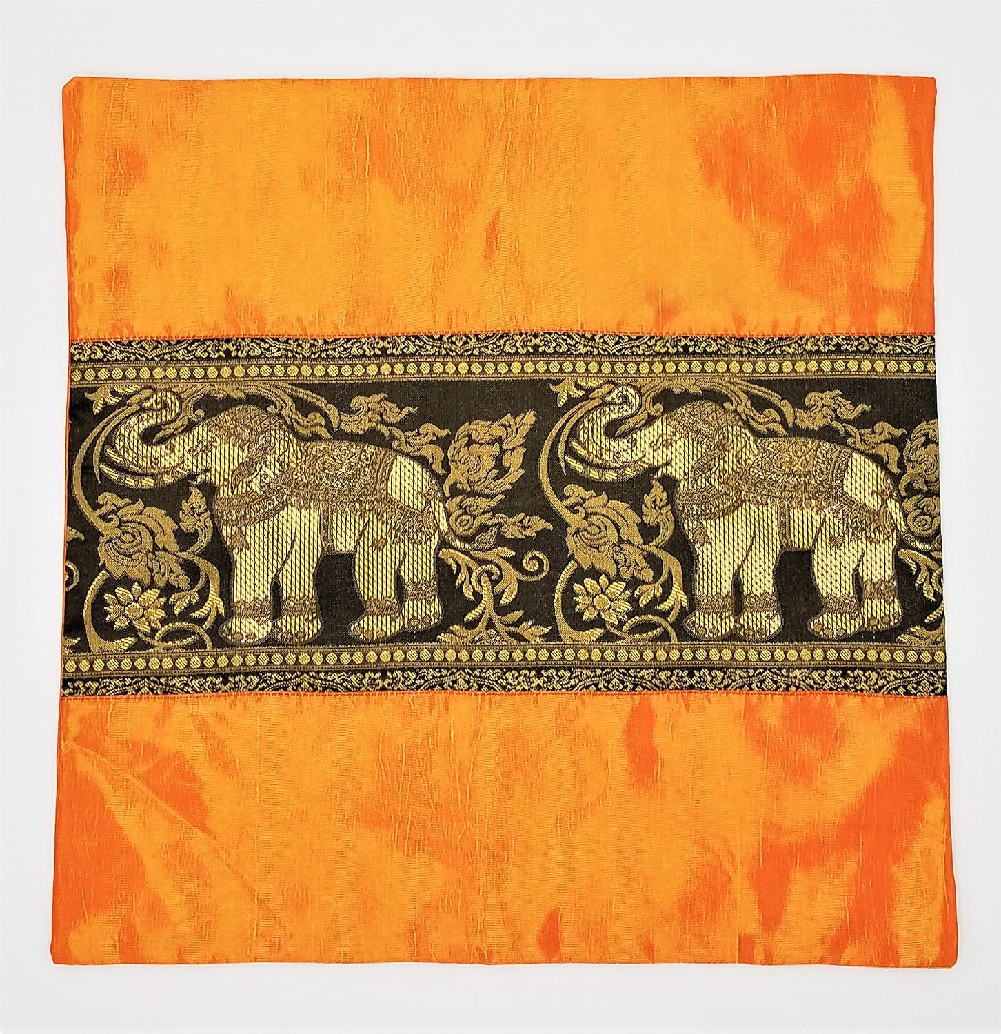 Decorative Pillow Covers Made from Thai Silk. Embroidered with Floral Print and Large, Regal Elephants Throw Pillow Covers (Orange & Black)