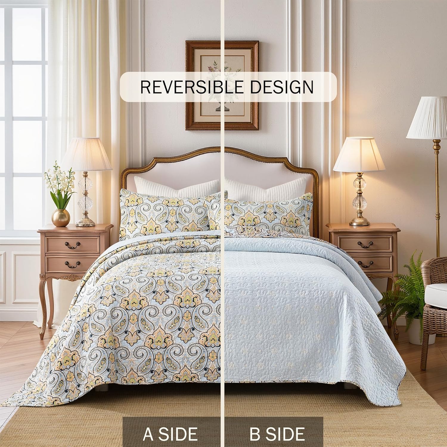 Paisley Quilt Set King Size - 100% Cotton Prewashed Lightweight Quilts - Reversible Elegant Damask Floral Bedspread with 2 Shams for All Season - Light Blue/Beige, 3 Piece | Breathable & Soft, Vintage Decor