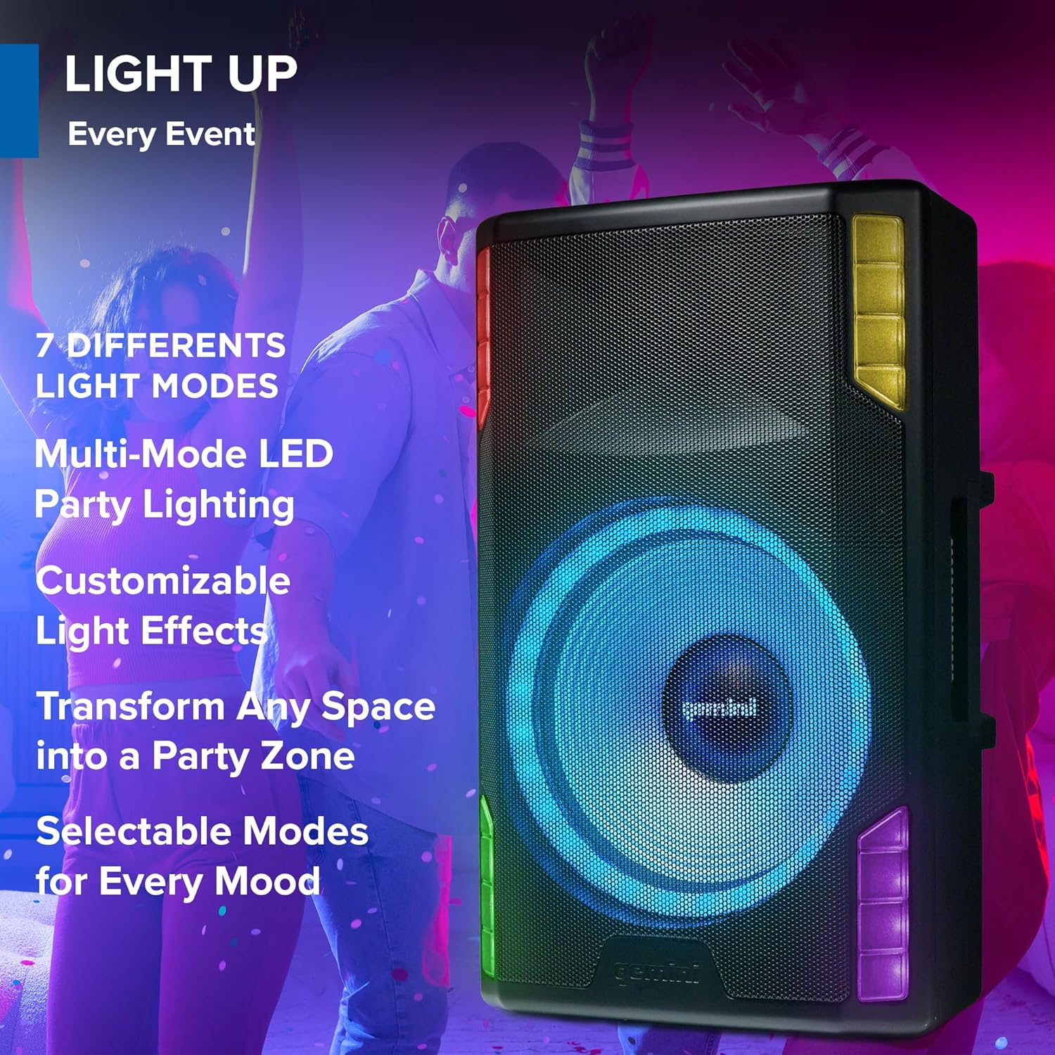 Gemini Sound GSP-L5500PK 15" 2200W Bluetooth PA Speaker with Microphone, Stand, TWS Pairing, LED Party Lights, 3-Channel Mixer – Ideal for DJs, Events, and Parties - Image 4