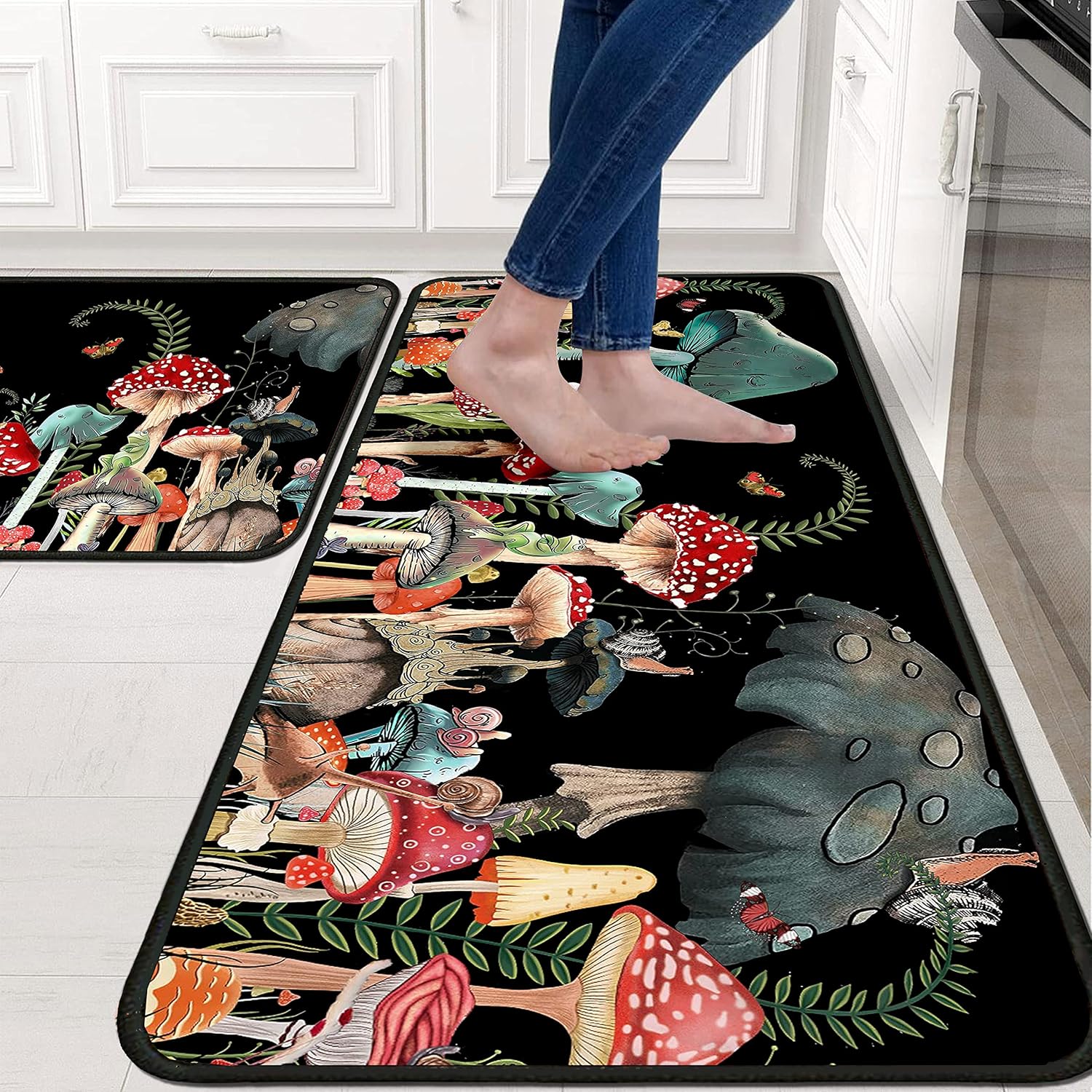 Mushroom Kitchen Rugs 2 Piece Set for Floor Mat, Non Skid Washable Absorbent Microfiber Mushroom Kitchen Mat for in Front of Sink for Standing for Home Mushroom Kitchen Decor 17"X30"+17"X47"