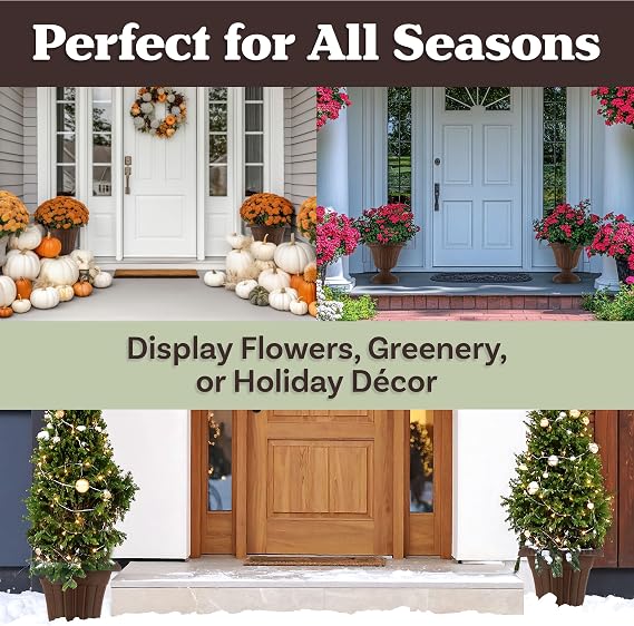 Pure Garden Flower Pots Outdoor Planter, Brown, 16x18-Inch, 2-Pack | Decorative Urn Planters - Plastic Plant Pots for Indoor, Outdoor Deck, Backyard, Patio, or Front Porch Decor