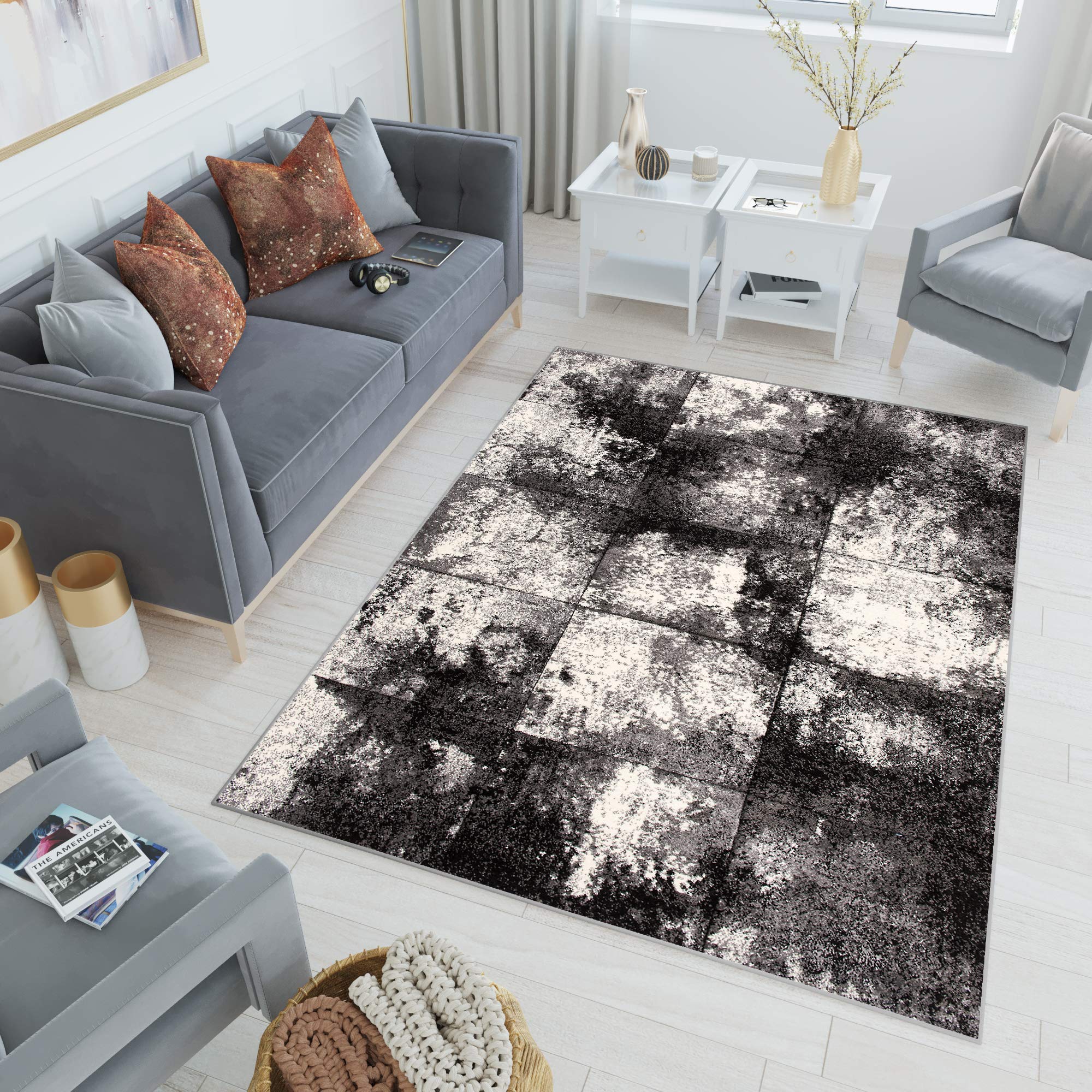 Tapiso Sumatra New dywan z krótkim włosiem, efekt 3D, szary, kremowy, czarny, paski, kwadratowy, rozmazywany, design, do salonu, pokoju młodzieżowego, Ökotex 80 x 150 cm
