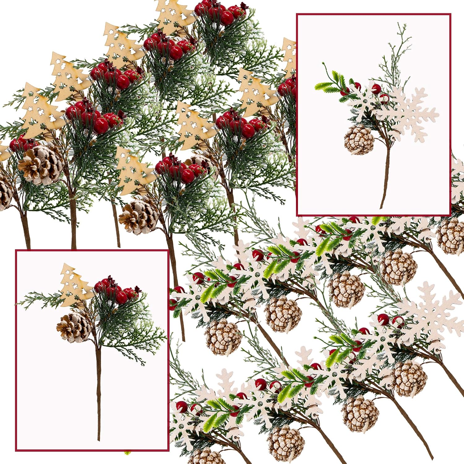 BANBERRY DESIGNS Woodsy Floral Picks Set of 10 –Snow Tip Pinecone Red Berries Sprays Wooden Embellishments– DIY for Christmas Garlands Wreaths Flower Arrangements Rustic Home Décor