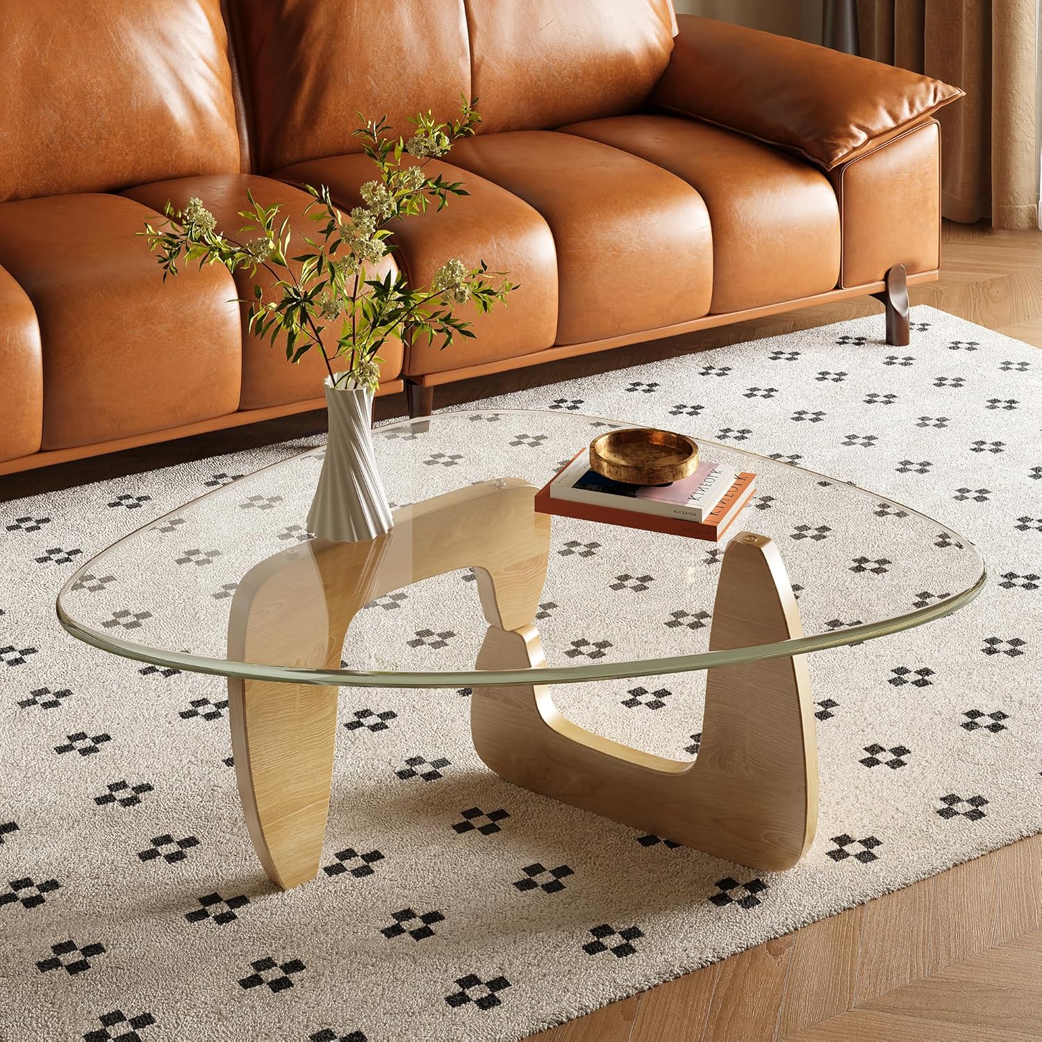 WLIVE Coffee Table, Small Glass Coffee Table with Solid Wood Legs, 32.7" Mid Century Triangle Living Room Tables, Modern Center Table for Small Spaces Living Room, Reception, Office, Natural