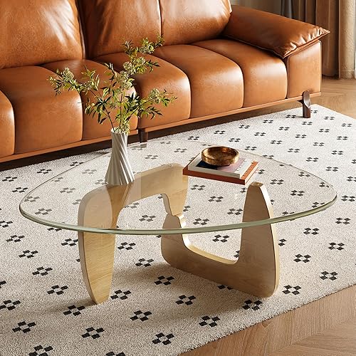 Miniatura 2 de WLIVE Mesa auxiliar, mesa de centro pequeña de cristal con patas de madera maciza, mesas triangulares de mediados de siglo de 32.7 pulgadas, mesa