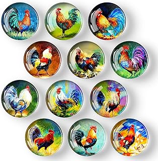 12pcs Glass Refrigerator Magnet Set - Rooster Round Glass Fridge Decorat...