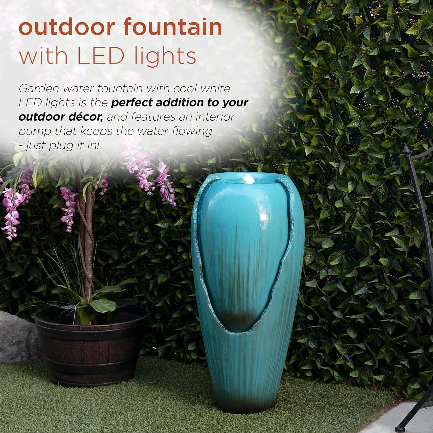 Alpine Corporation DIG100XS 33" Outdoor Floor Antique Jar Water Fountain Bundle with LED Lights and Vintage Light Waterfall, Red and Turquoise