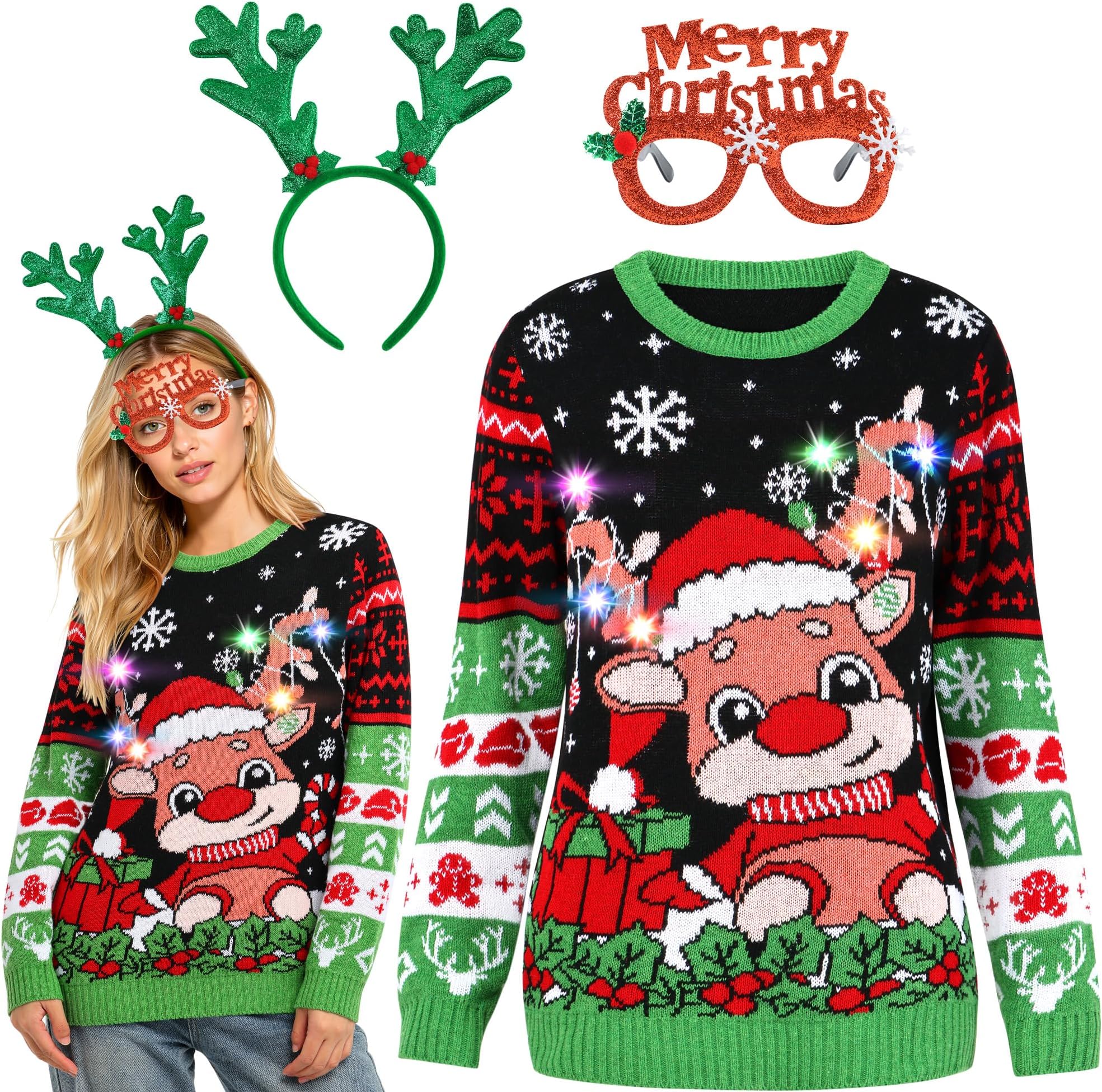 3 Pack Christmas Light Up Ugly Sweaters with Glasses Hat Headband 2025 Women Men Family Xmas Tree Reindeer Outfits