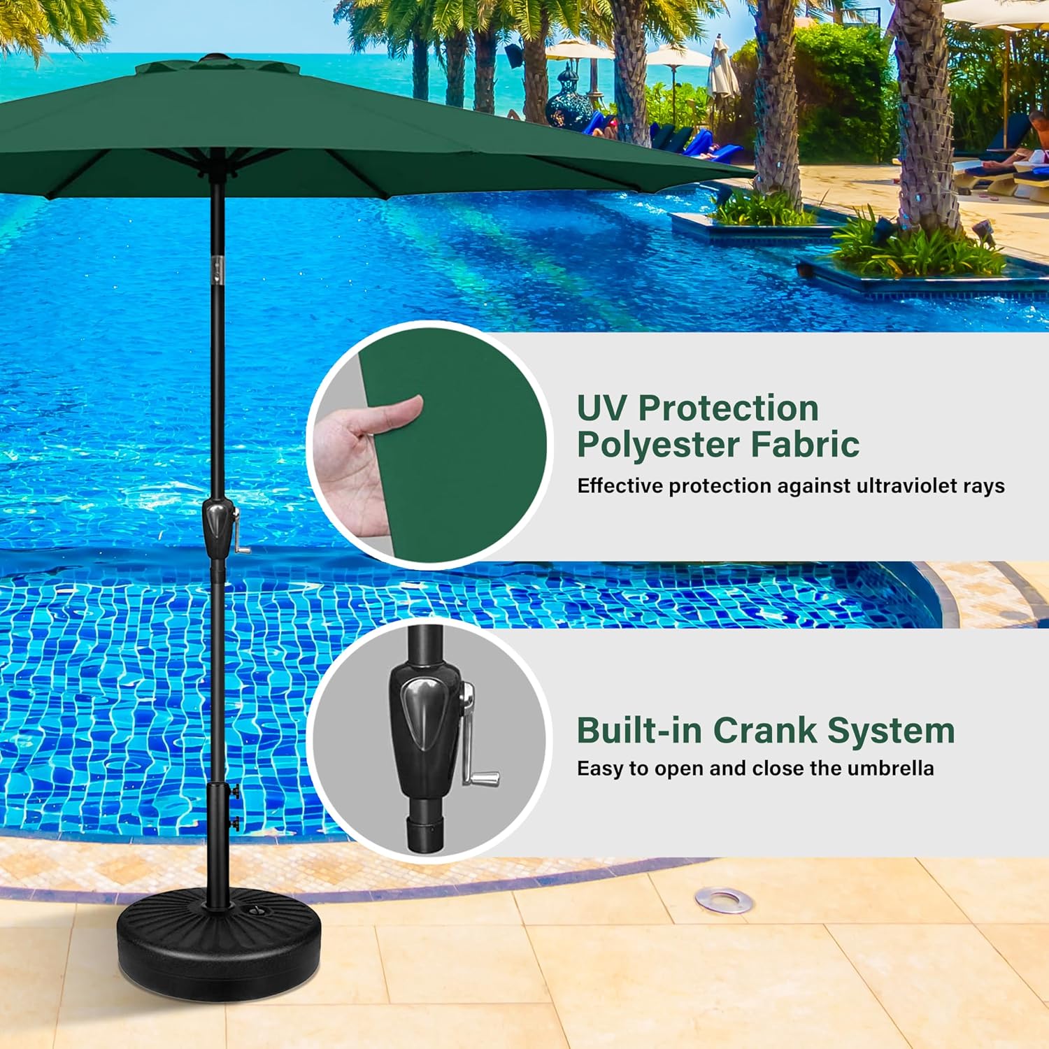 HealSmart 9ft Patio Umbrella with Push Button Tilt/Crank, Outdoor Table Market Yard Umbrella with 8 Sturdy Ribs for Garden, Backyard, Deck, Pool, Green